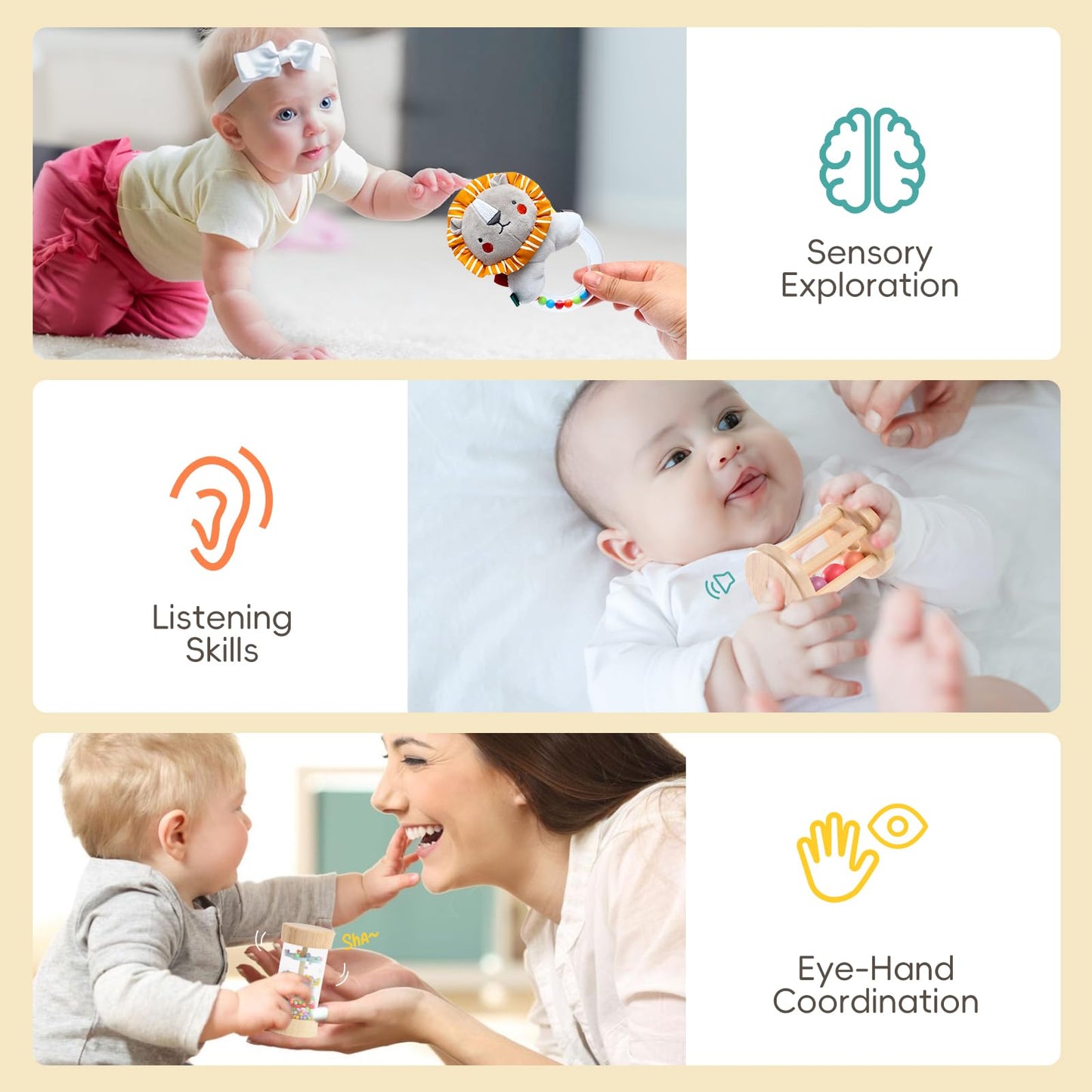 Toyssa 6-in-1 Wooden Montessori Baby Toy for 0-6 Months | Sensory Spin Drum, Mirror, Rattle & Flash Cards