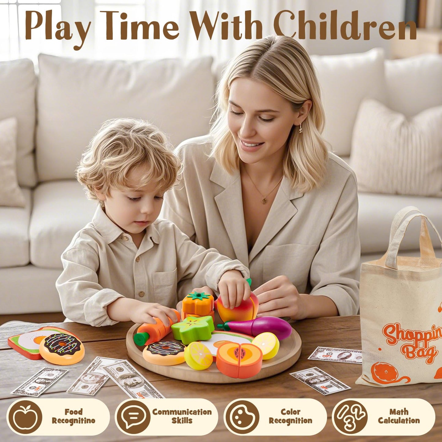 Toyssa 40+ Pcs Wooden Play Food Set with Shelf & Accessories – Pretend Grocery for Kids 3–7