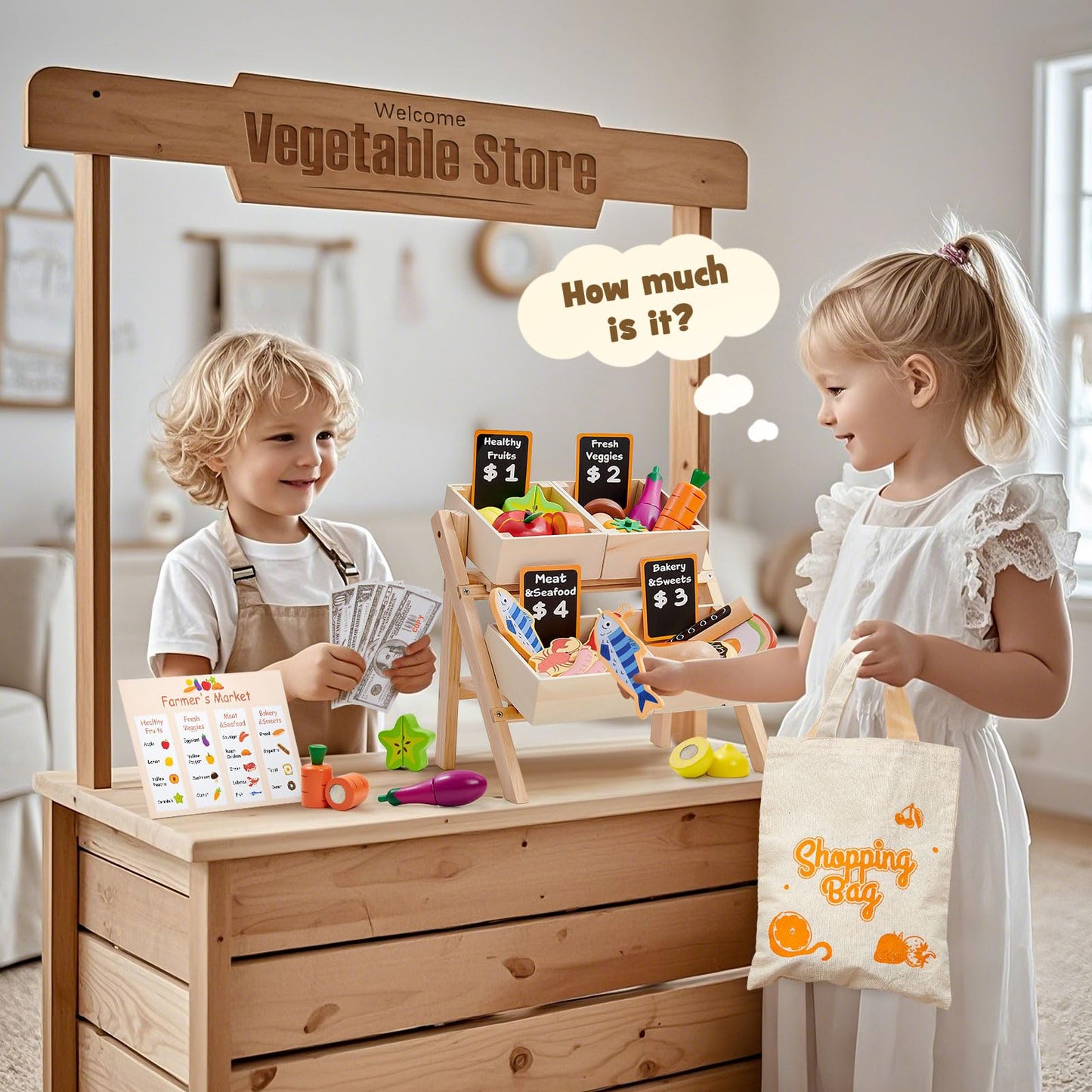 Toyssa 40+ Pcs Wooden Play Food Set with Shelf & Accessories – Pretend Grocery for Kids 3–7