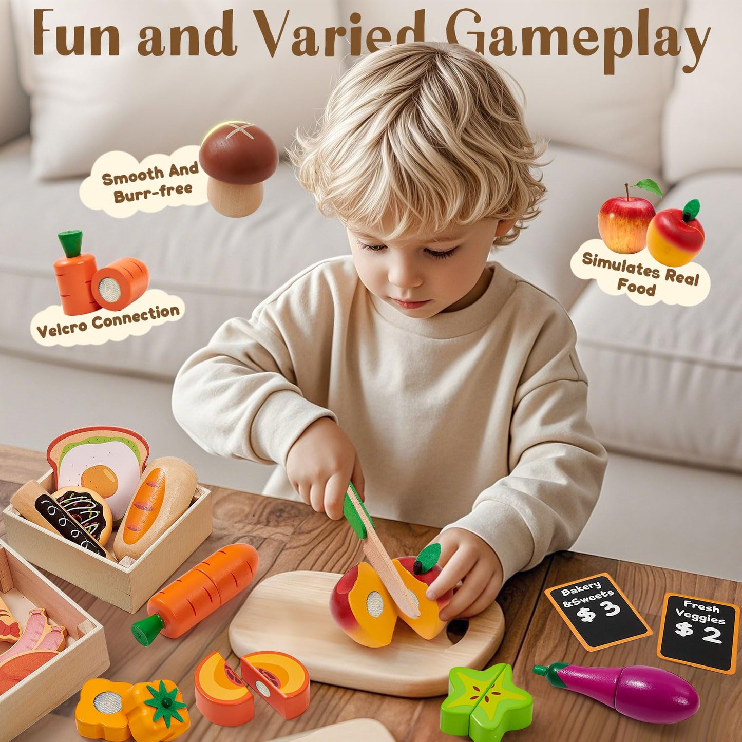 Toyssa 40+ Pcs Wooden Play Food Set with Shelf & Accessories – Pretend Grocery for Kids 3–7