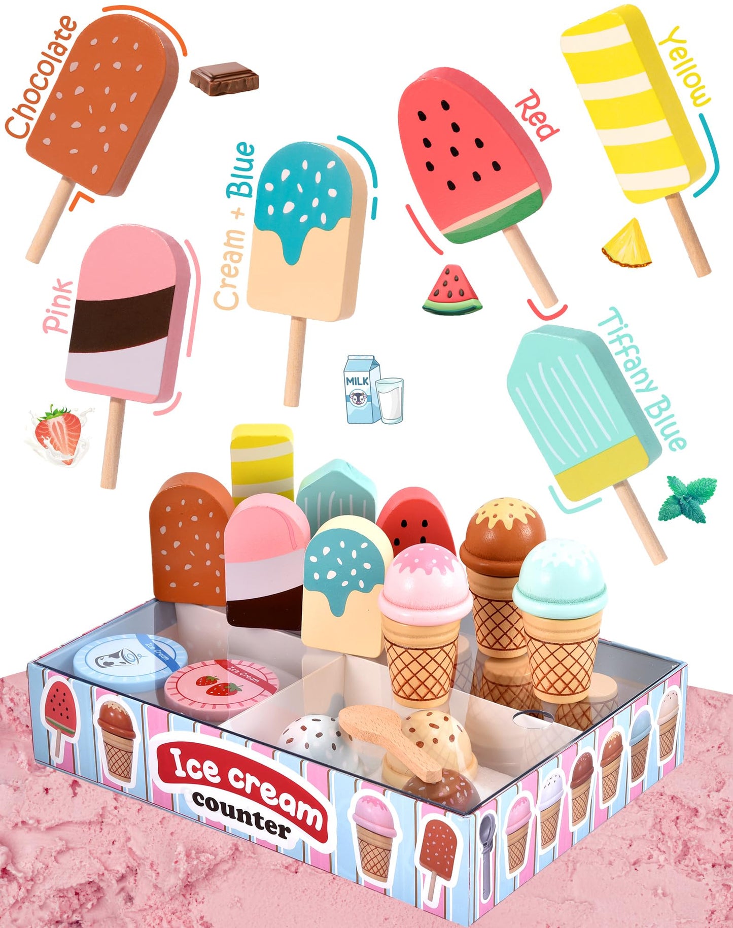 Toyssa Wooden Ice Cream Toys – Kids Kitchen Playset with Scoop, Menu & Money
