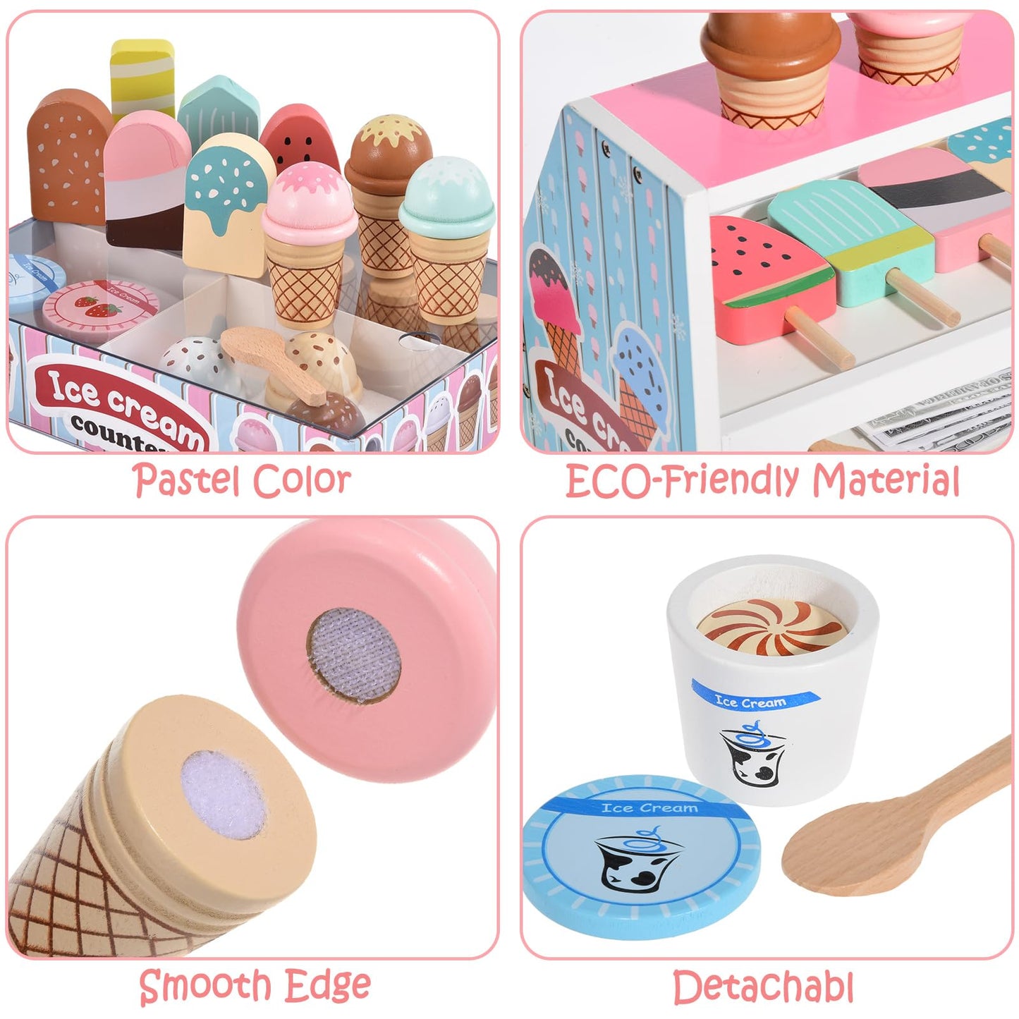 Toyssa Wooden Ice Cream Toys – Kids Kitchen Playset with Scoop, Menu & Money