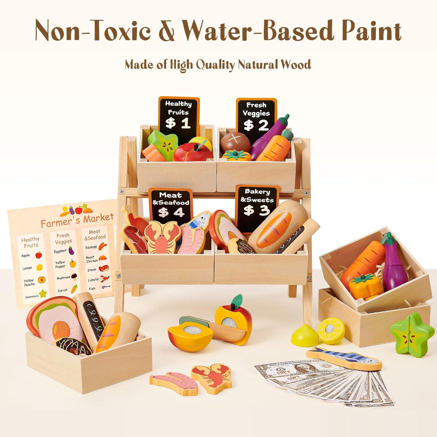 Toyssa 40+ Pcs Wooden Play Food Set with Shelf & Accessories – Pretend Grocery for Kids 3–7