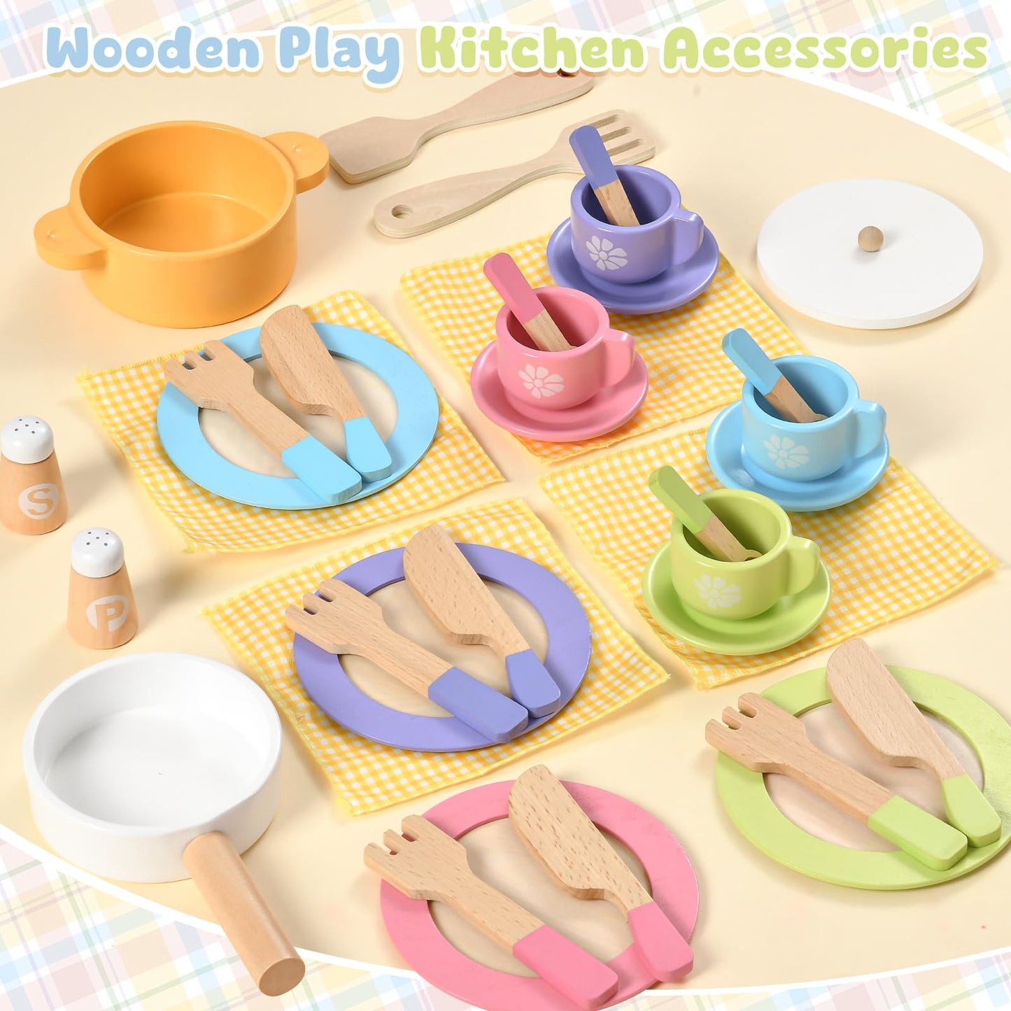 Toyssa 34-Piece Wooden Play Dishes & Kitchen Set – Montessori Pretend Cooking Toys for Kids 3-6
