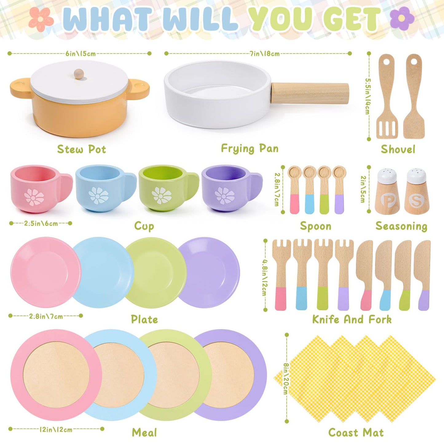 Toyssa 34-Piece Wooden Play Dishes & Kitchen Set – Montessori Pretend Cooking Toys for Kids 3-6