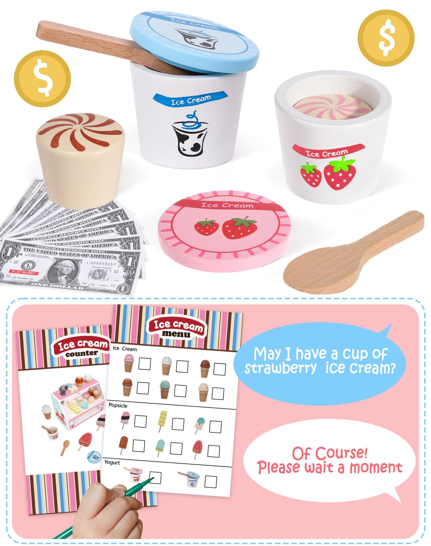Toyssa Wooden Ice Cream Toys – Kids Kitchen Playset with Scoop, Menu & Money