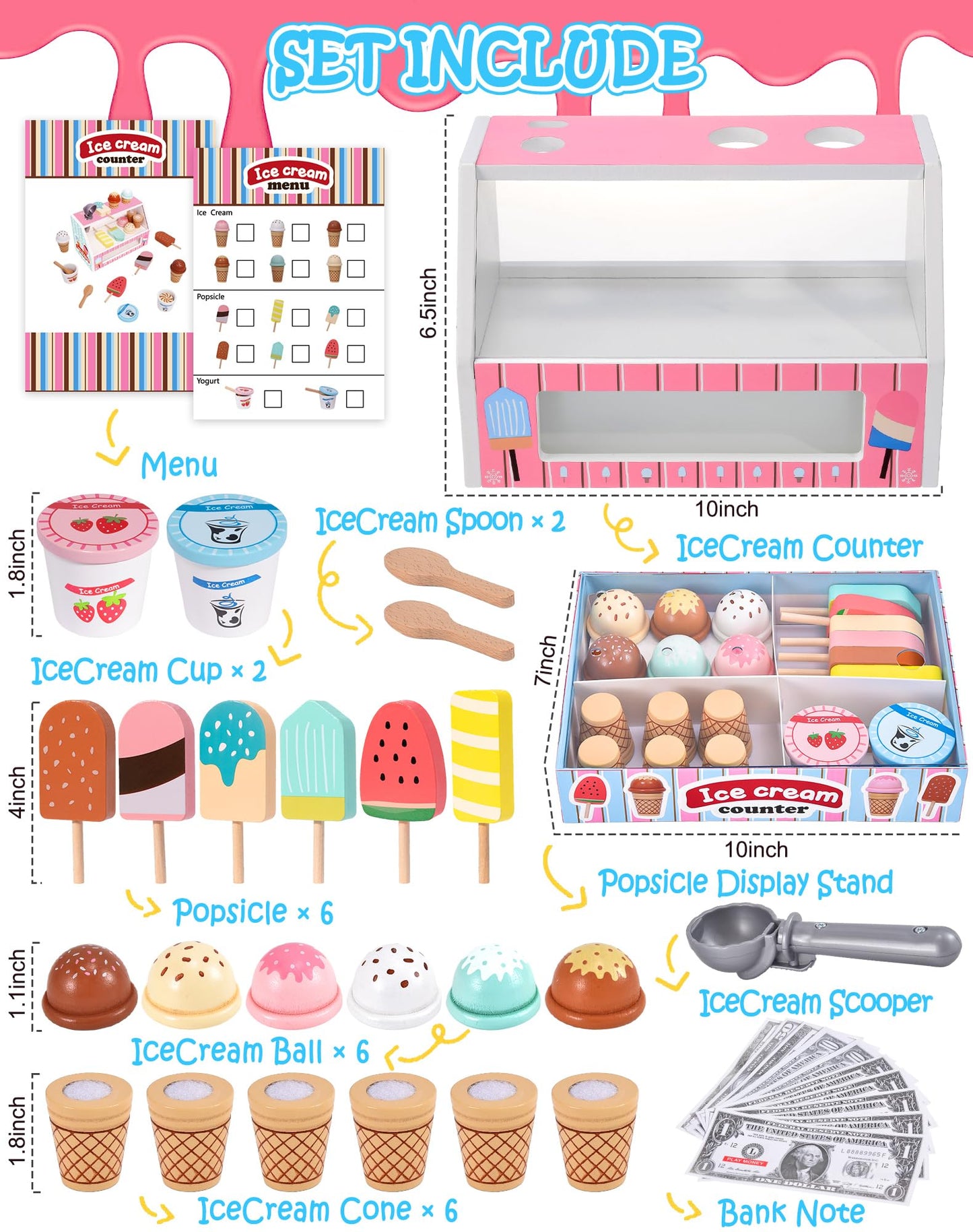 Toyssa Wooden Ice Cream Toys – Kids Kitchen Playset with Scoop, Menu & Money
