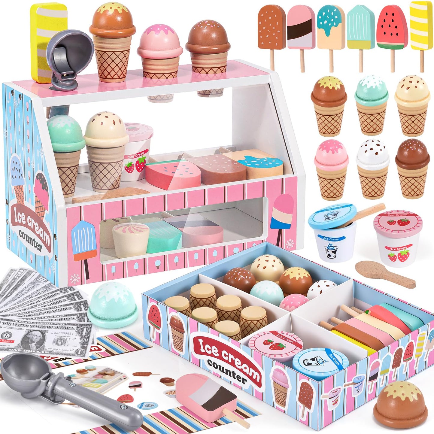 Toyssa Wooden Ice Cream Toys – Kids Kitchen Playset with Scoop, Menu & Money