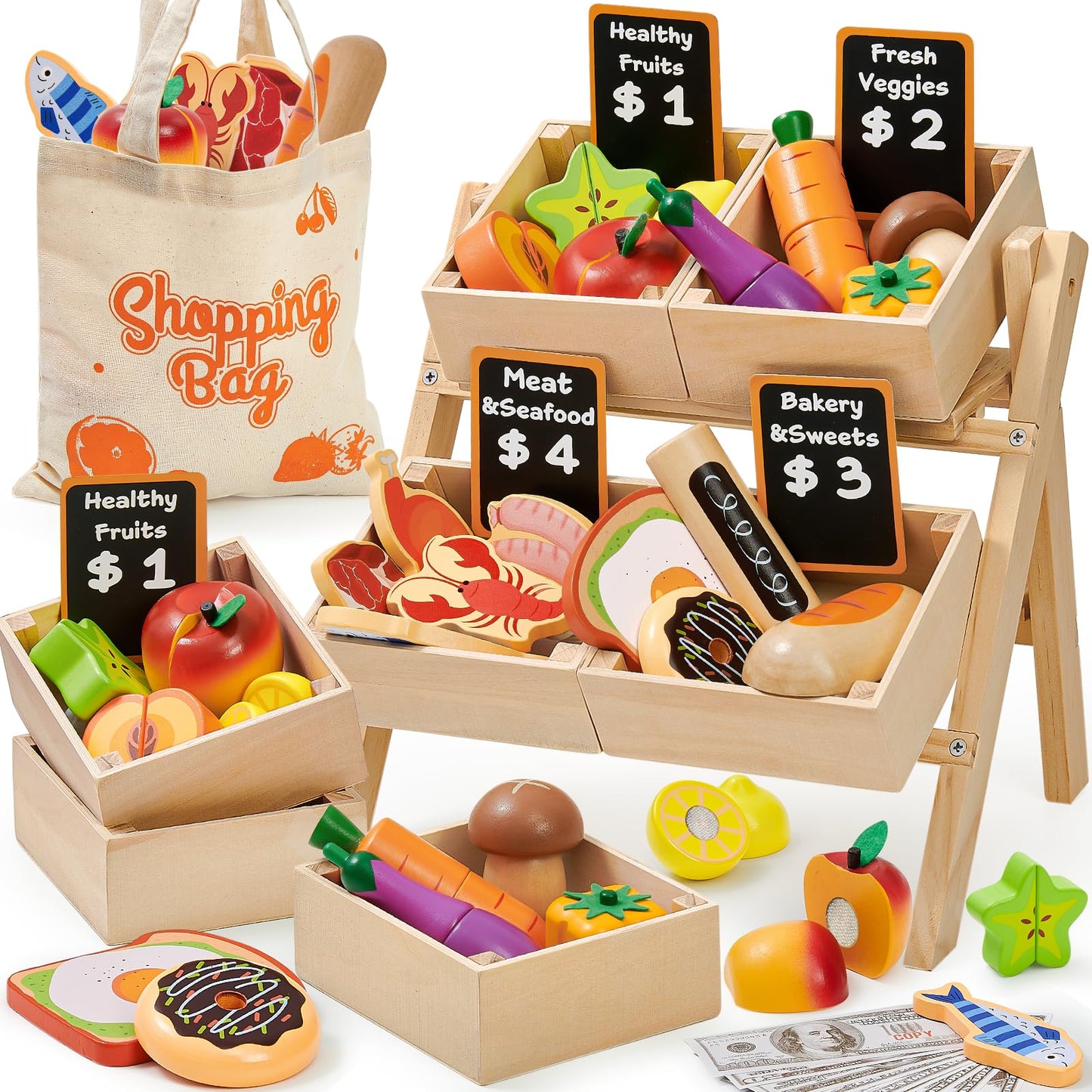 Toyssa 40+ Pcs Wooden Play Food Set with Shelf & Accessories – Pretend Grocery for Kids 3–7