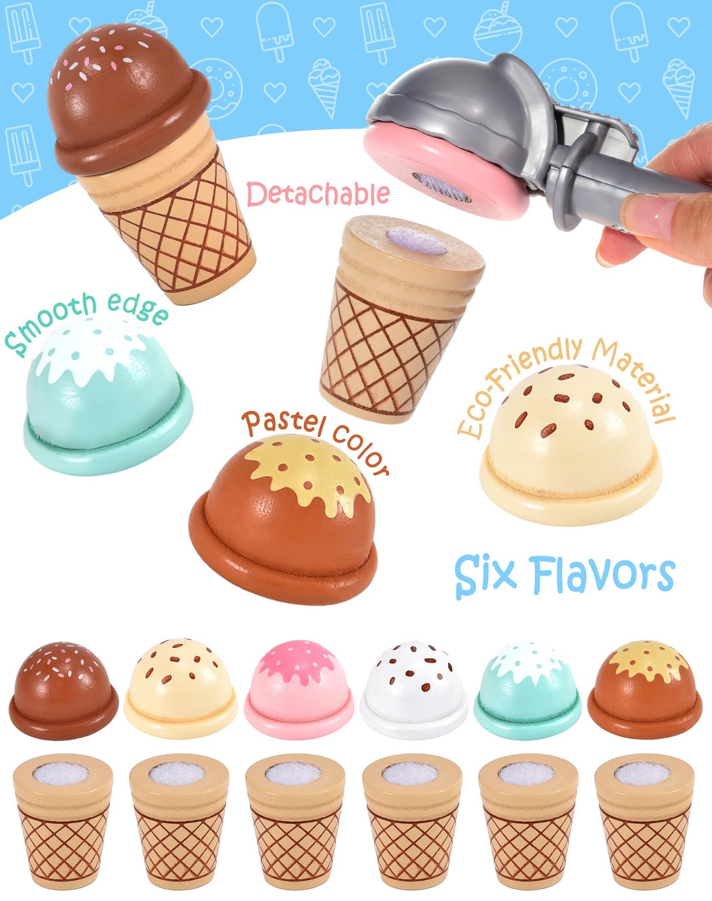 Toyssa Wooden Ice Cream Toys – Kids Kitchen Playset with Scoop, Menu & Money