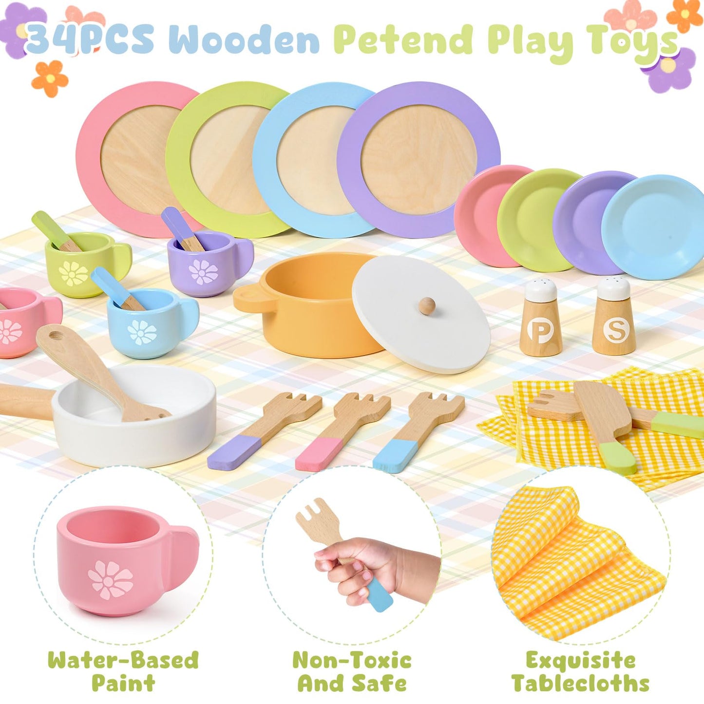 Toyssa 34-Piece Wooden Play Dishes & Kitchen Set – Montessori Pretend Cooking Toys for Kids 3-6