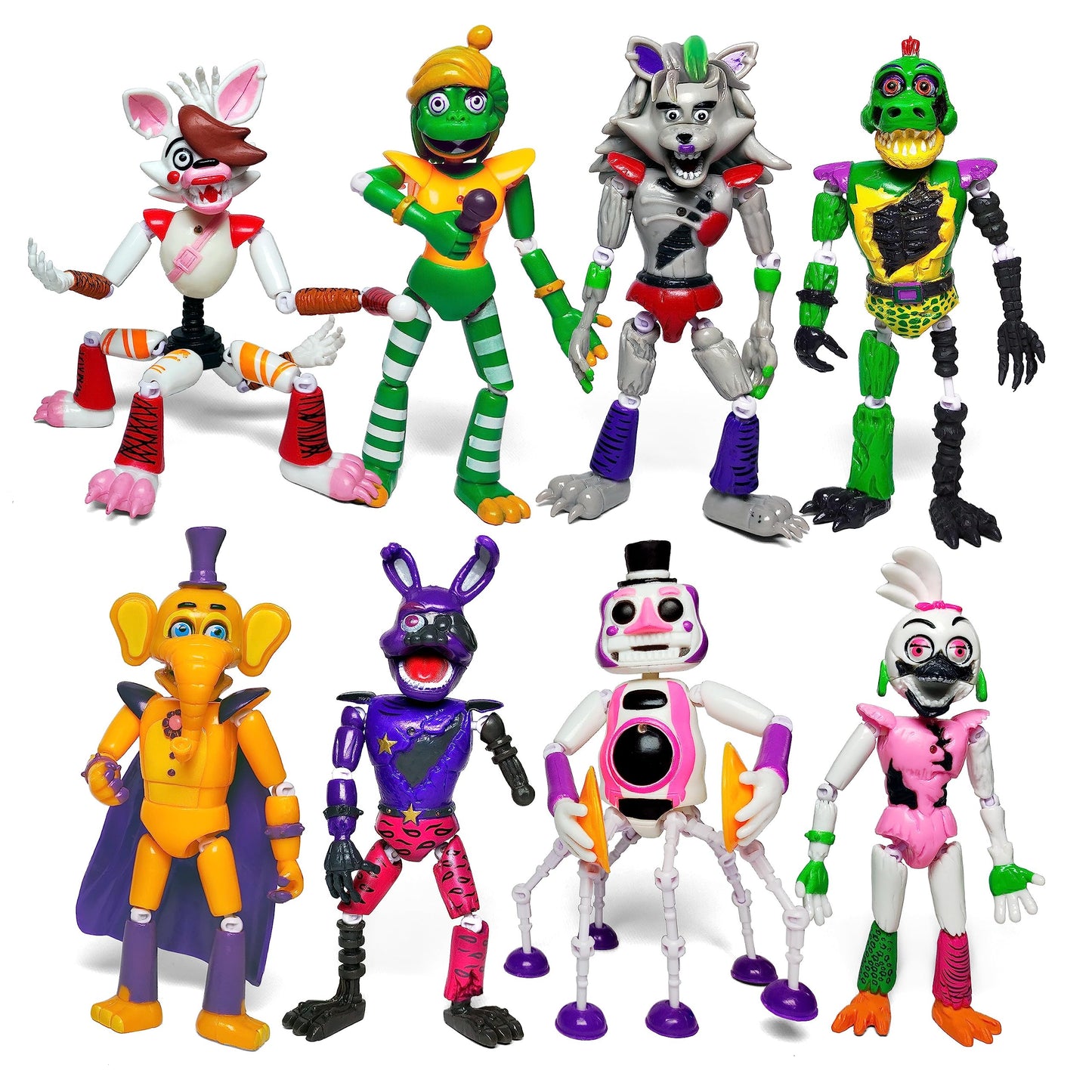Toysvill 8-Piece FNAF Ultimate Custom Night Action Figure Set – Withered Bonnie, Orville Elephant, Mangle, Montgomery Gator, Happy Frog, Roxanne Wolf, Glamrock Chica, Music Man