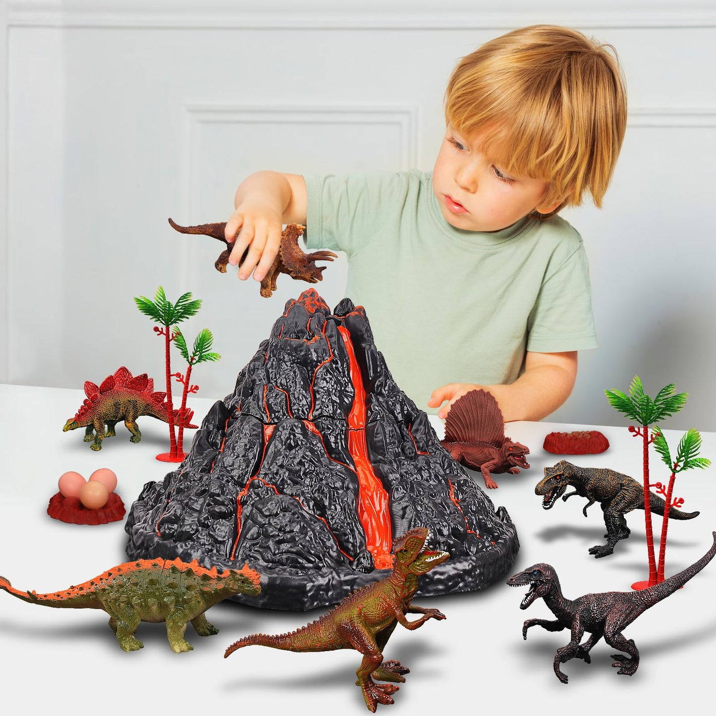 TOYSXYIN Large Volcano Set with 9 Realistic Dinosaur Figures – Erupting Volcano Toy for Kids