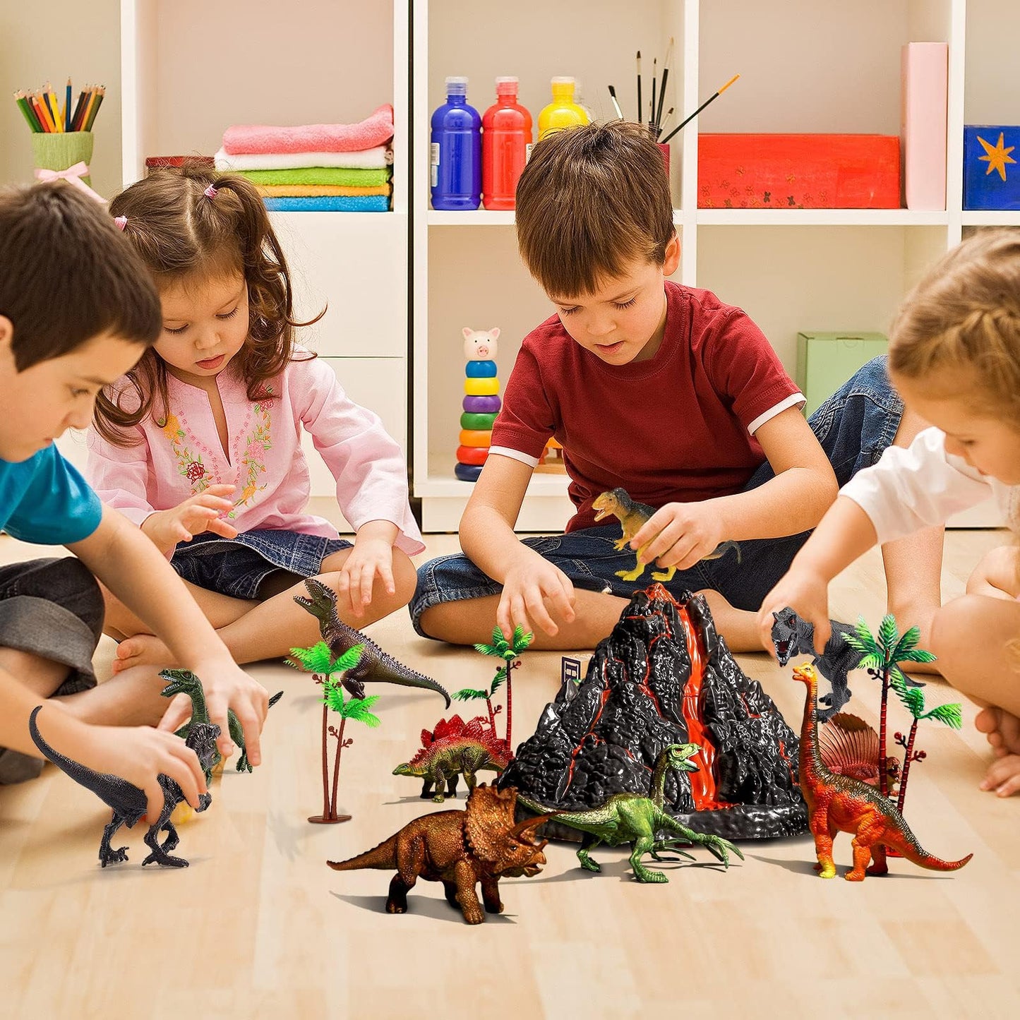TOYSXYIN Large Volcano Set with 9 Realistic Dinosaur Figures – Erupting Volcano Toy for Kids