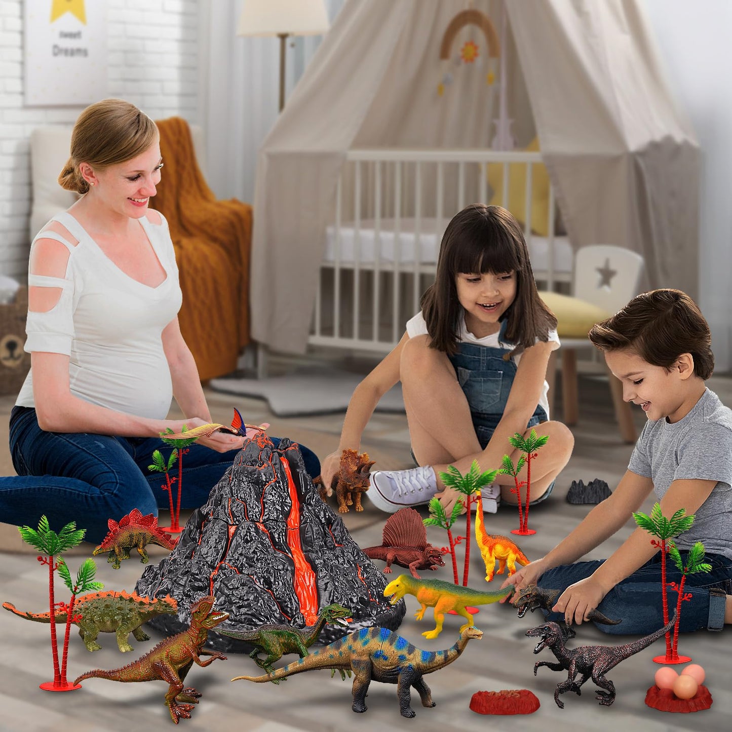 TOYSXYIN Large Volcano Set with 9 Realistic Dinosaur Figures – Erupting Volcano Toy for Kids