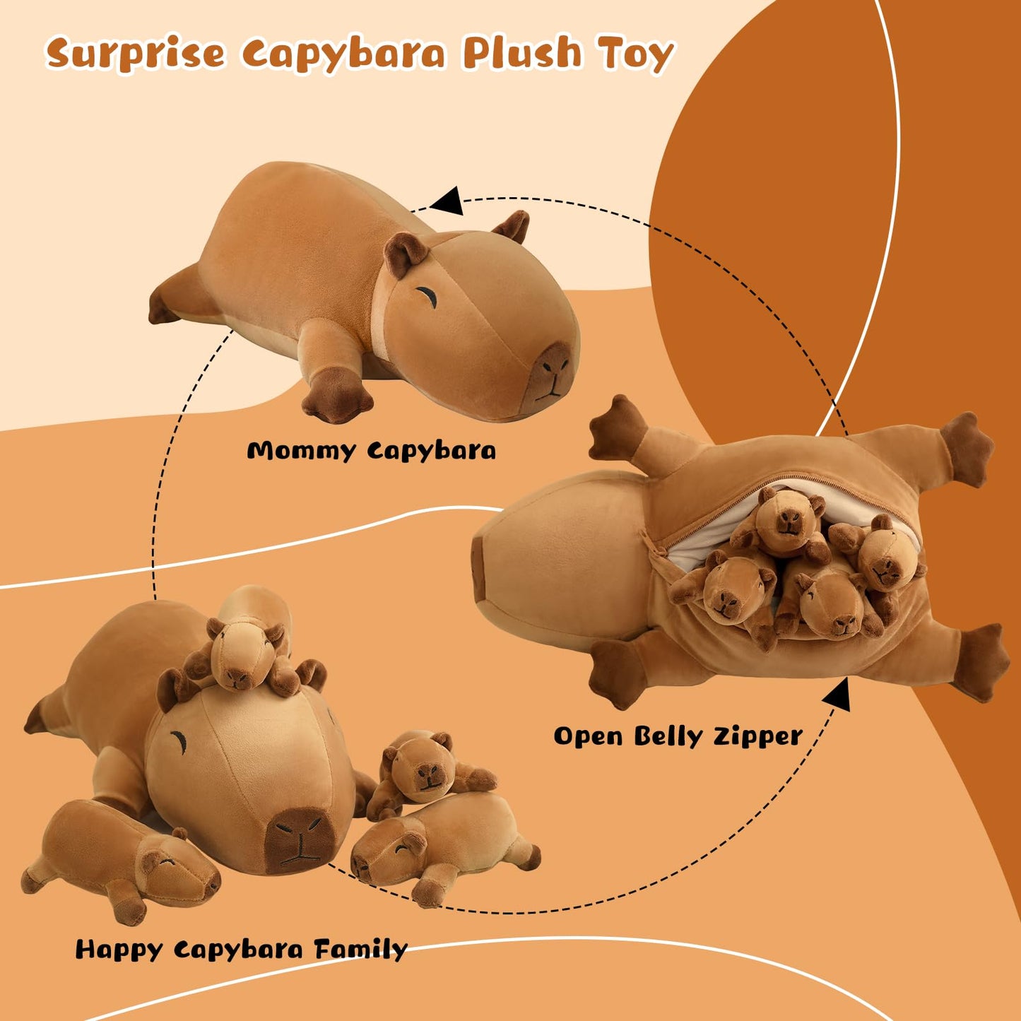 TOYSYM Capybara Plush with 4 Removable Babies – Cozy Sleep Pillow Toy