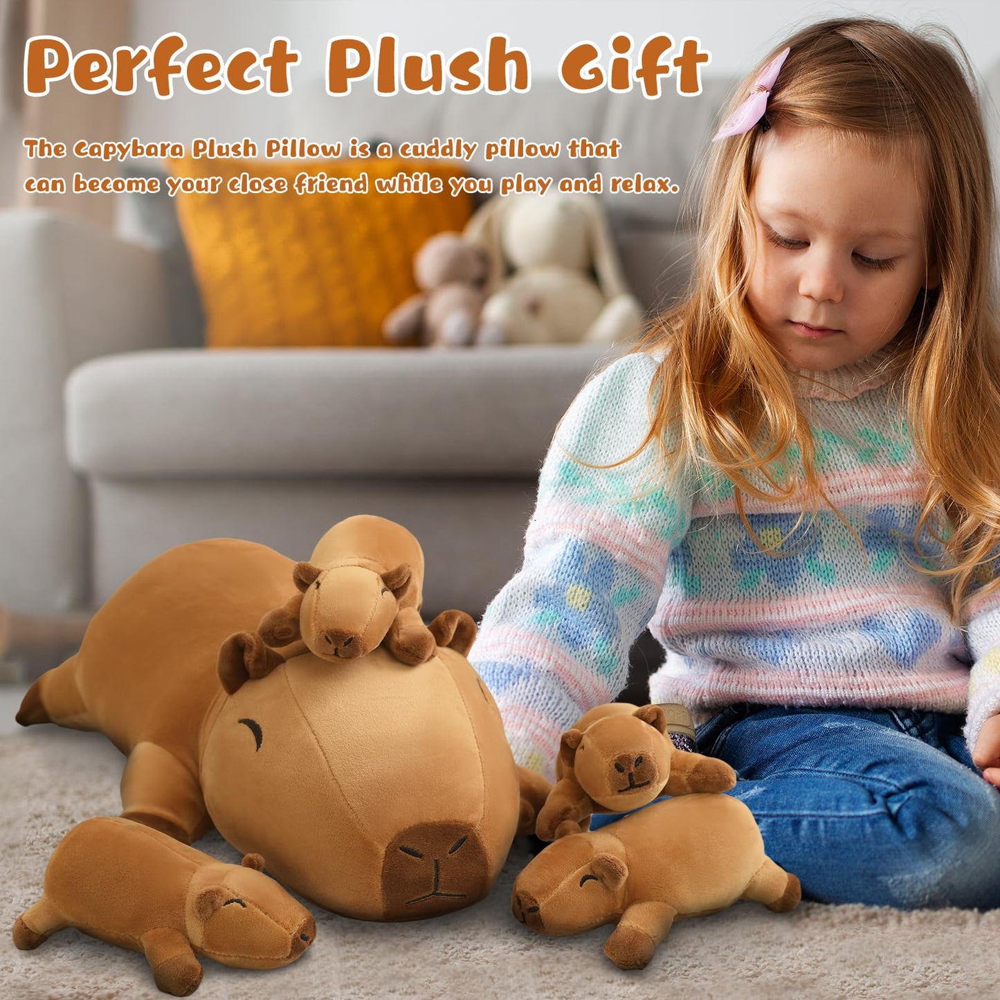 TOYSYM Capybara Plush with 4 Removable Babies – Cozy Sleep Pillow Toy