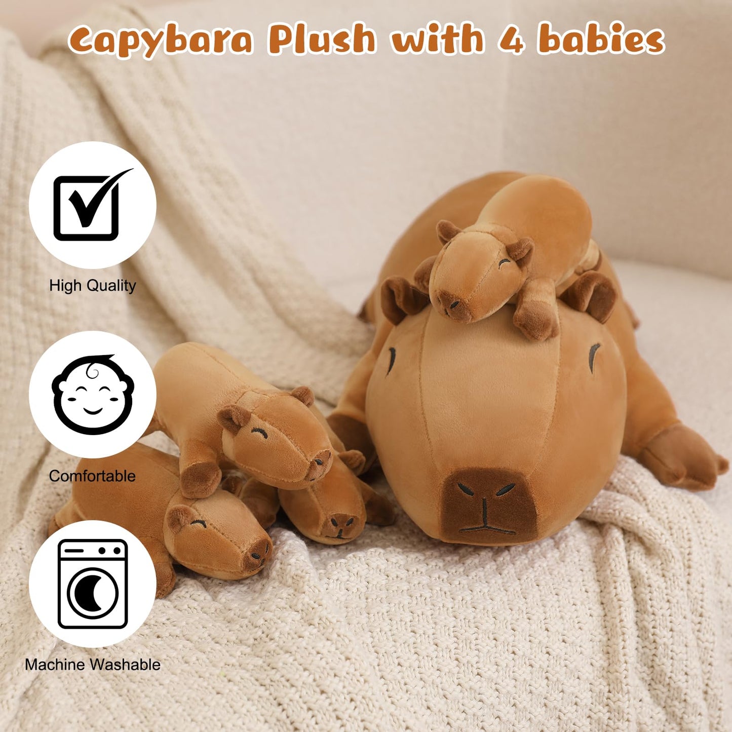 TOYSYM Capybara Plush with 4 Removable Babies – Cozy Sleep Pillow Toy