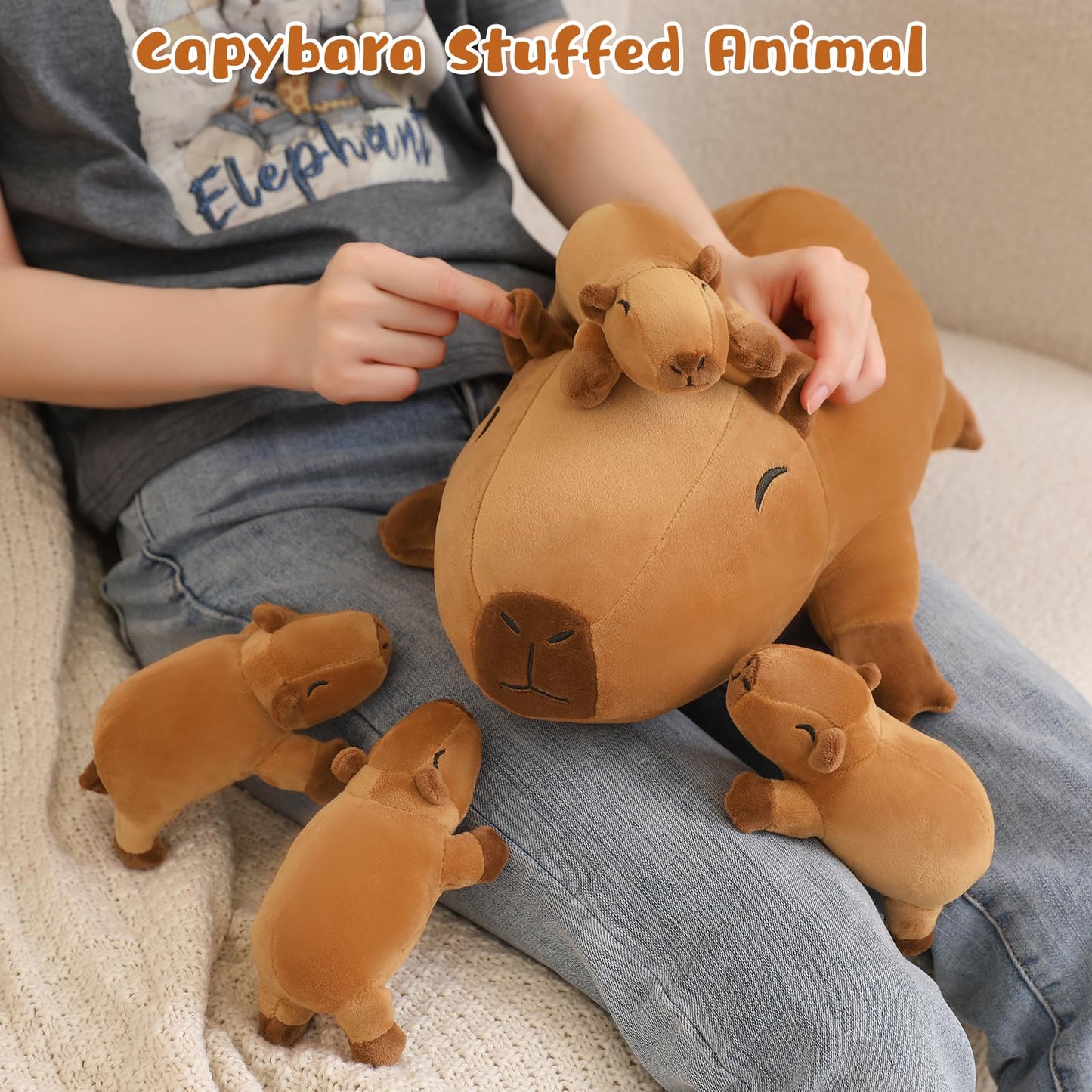 TOYSYM Capybara Plush with 4 Removable Babies – Cozy Sleep Pillow Toy