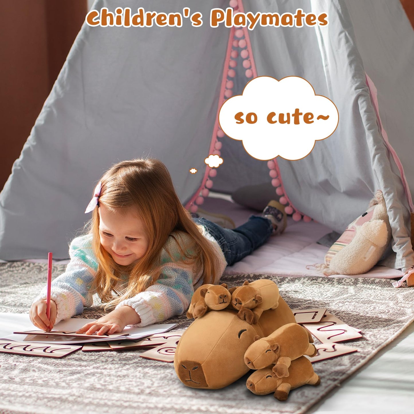 TOYSYM Capybara Plush with 4 Removable Babies – Cozy Sleep Pillow Toy