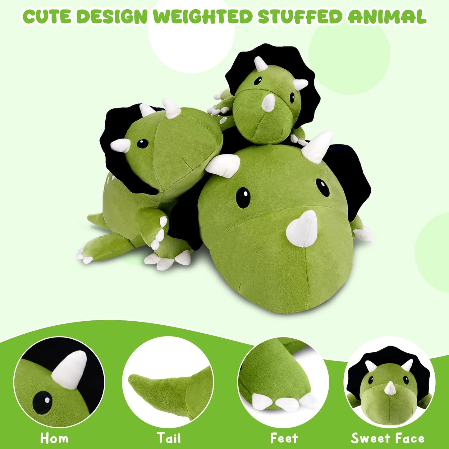 TOYSYM Weighted Triceratops Dinosaur Plush - 13.8 inch with Weighted Beads | Huggable Pillow & Gift