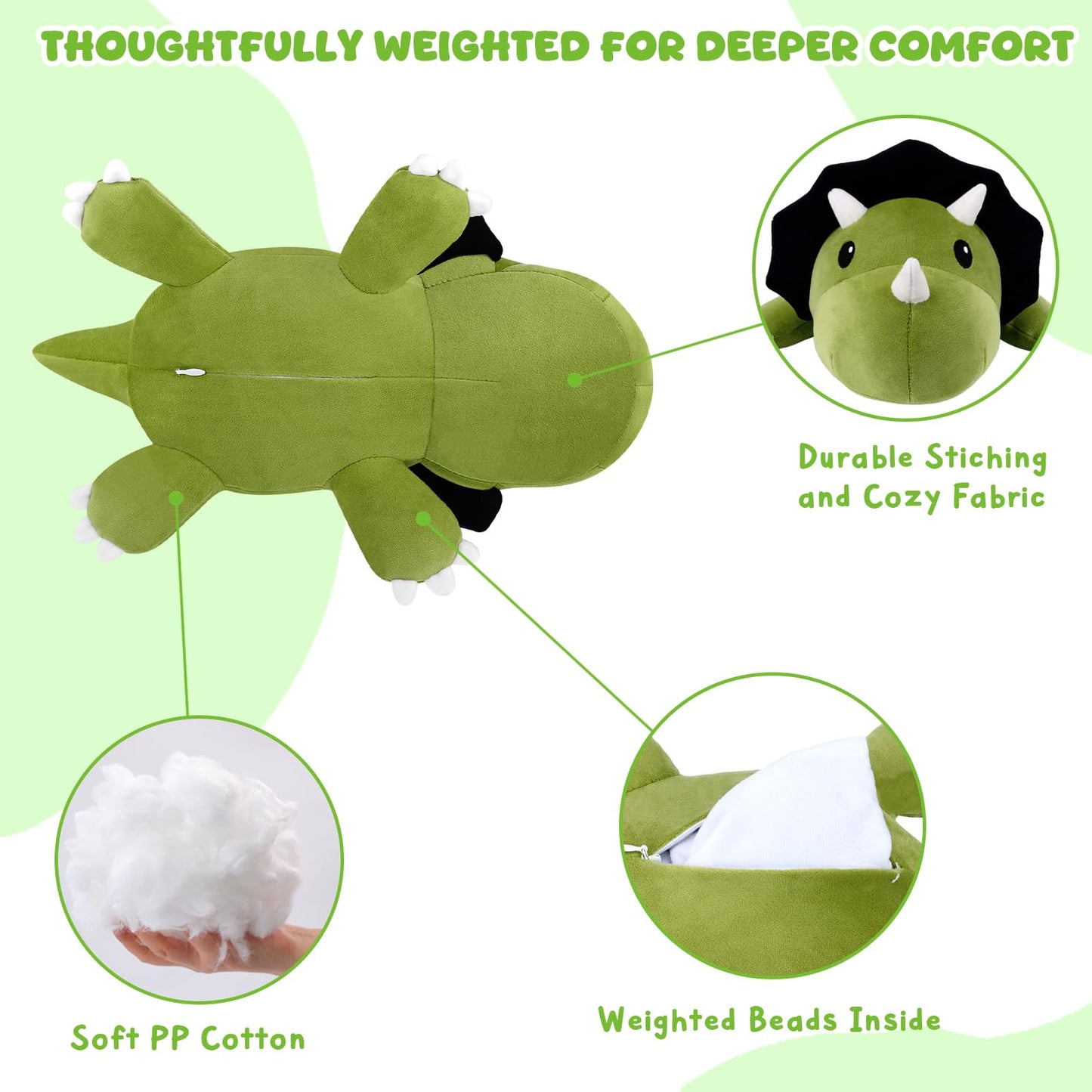 TOYSYM Weighted Triceratops Dinosaur Plush - 13.8 inch with Weighted Beads | Huggable Pillow & Gift