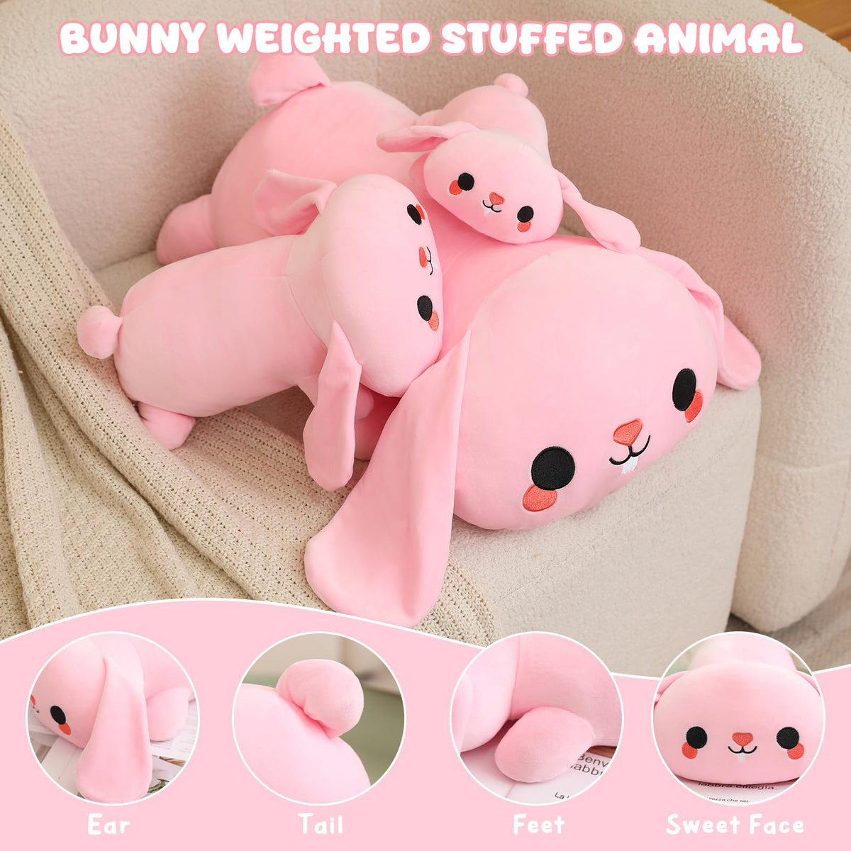 TOYSYM Weighted Bunny Plush – Soft Beaded Stuffed Animal Pillow for Kids & Adults