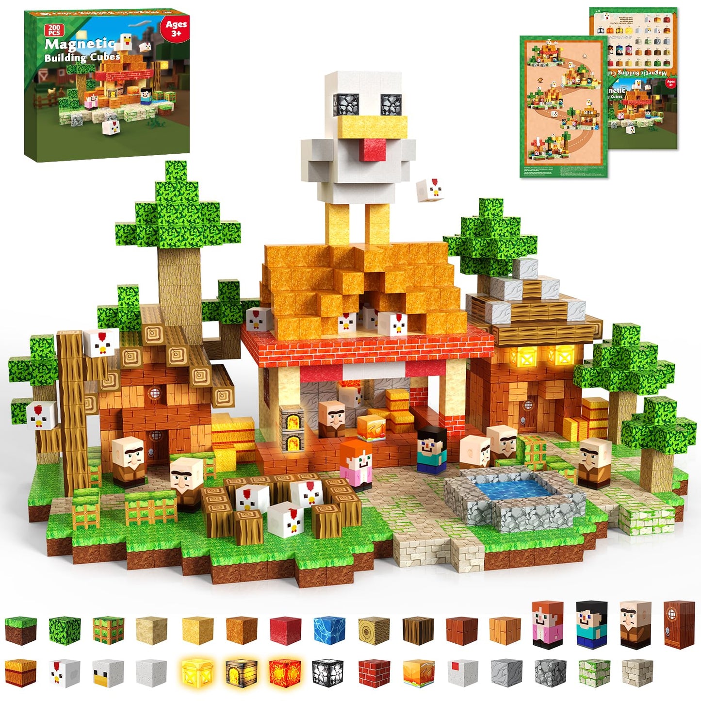 ToyUnited 200PCS Magnetic Blocks with Light Up Blocks – STEM Building Toys for Kids 3+ (Roast Chicken Store Theme)