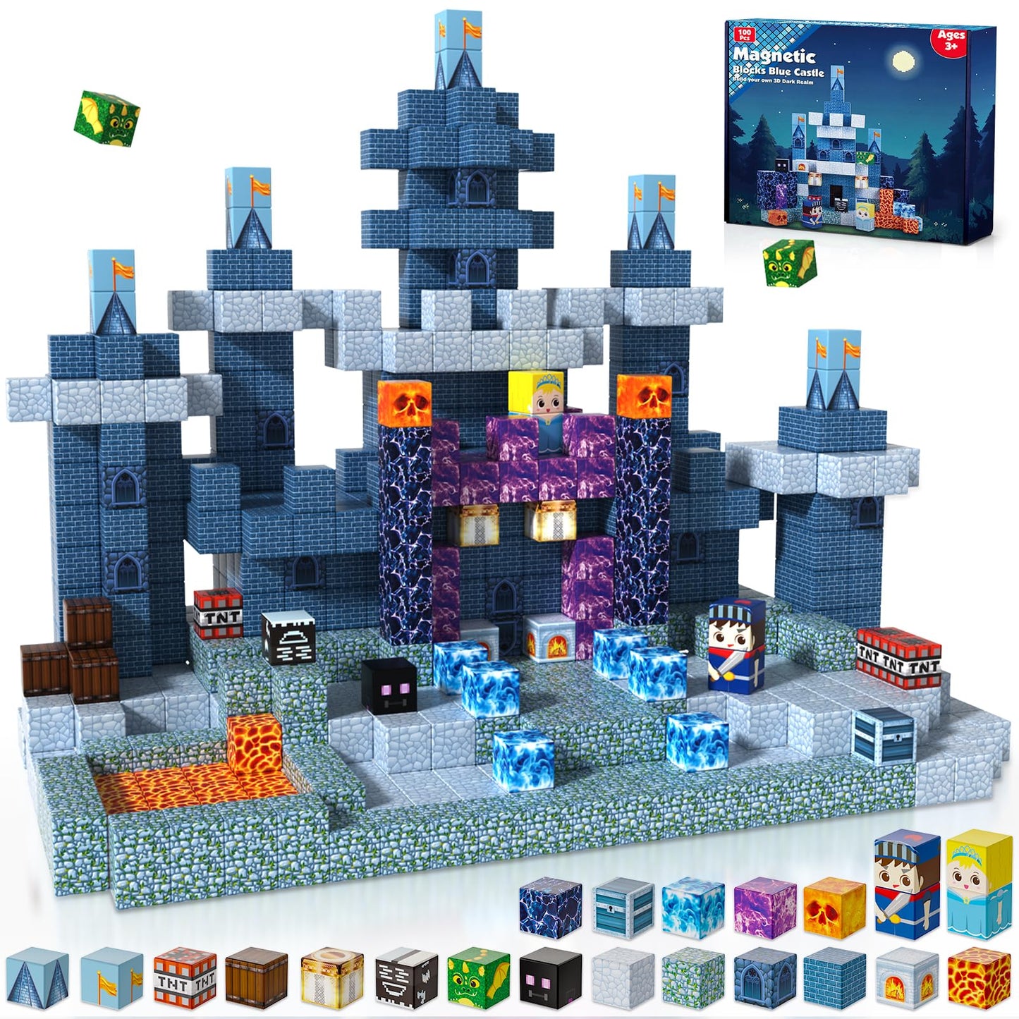 ToyUnited 100-Piece Magnetic Blocks: Blue Castle STEM Cubes for Kids Aged 3-8