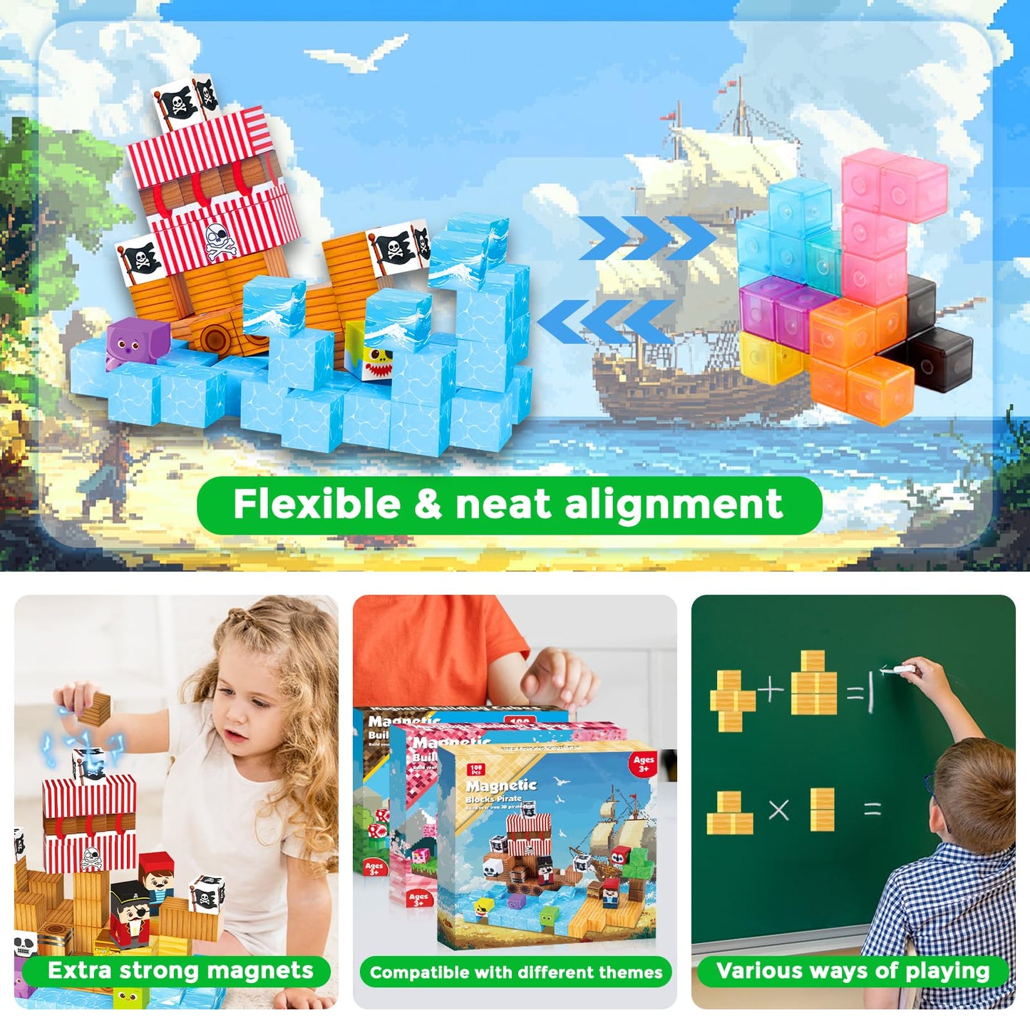 ToyUnited Magnetic Blocks 100PCS Pirate Ship World Set | STEM Building Toys for Kids 3-10