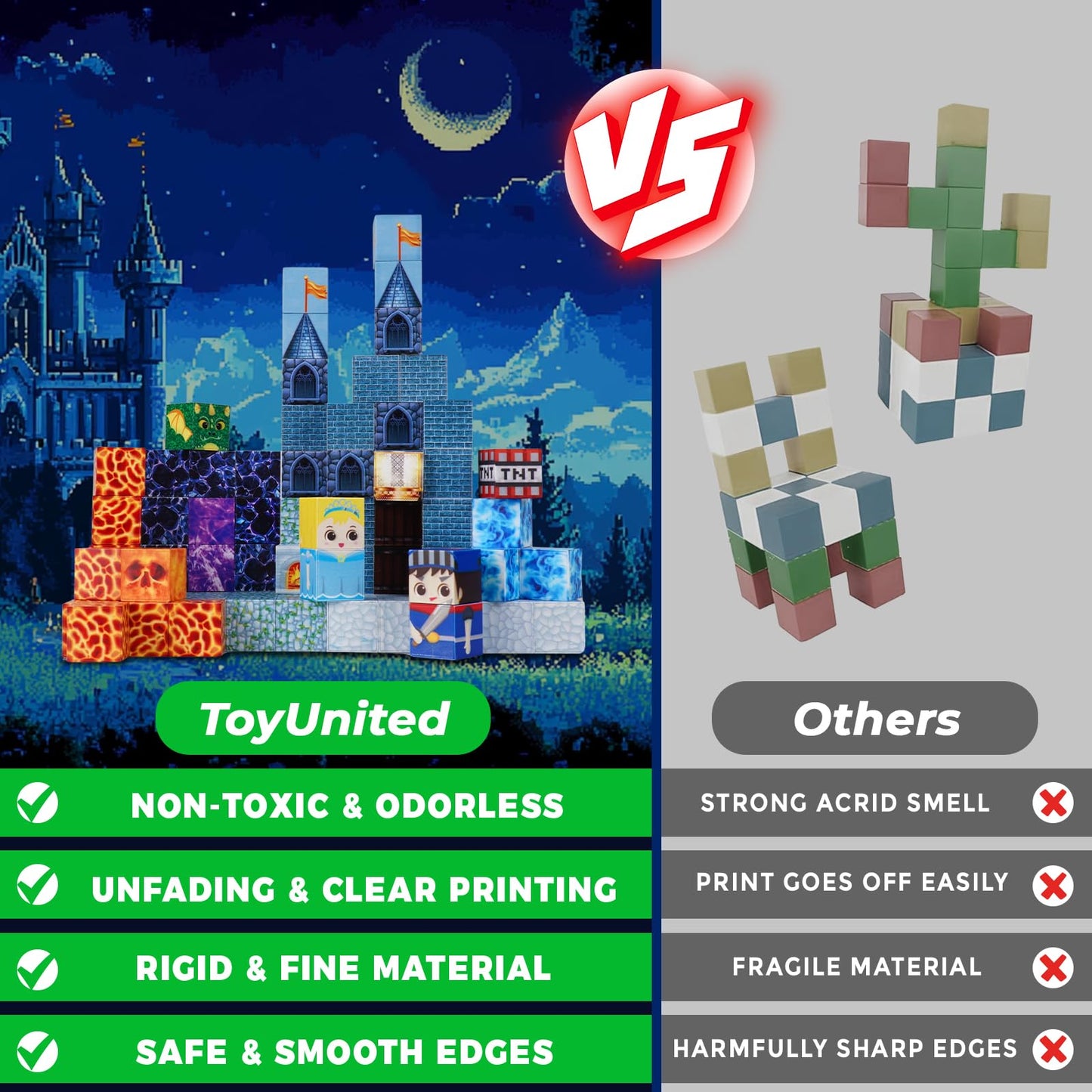 ToyUnited 100-Piece Magnetic Blocks: Blue Castle STEM Cubes for Kids Aged 3-8