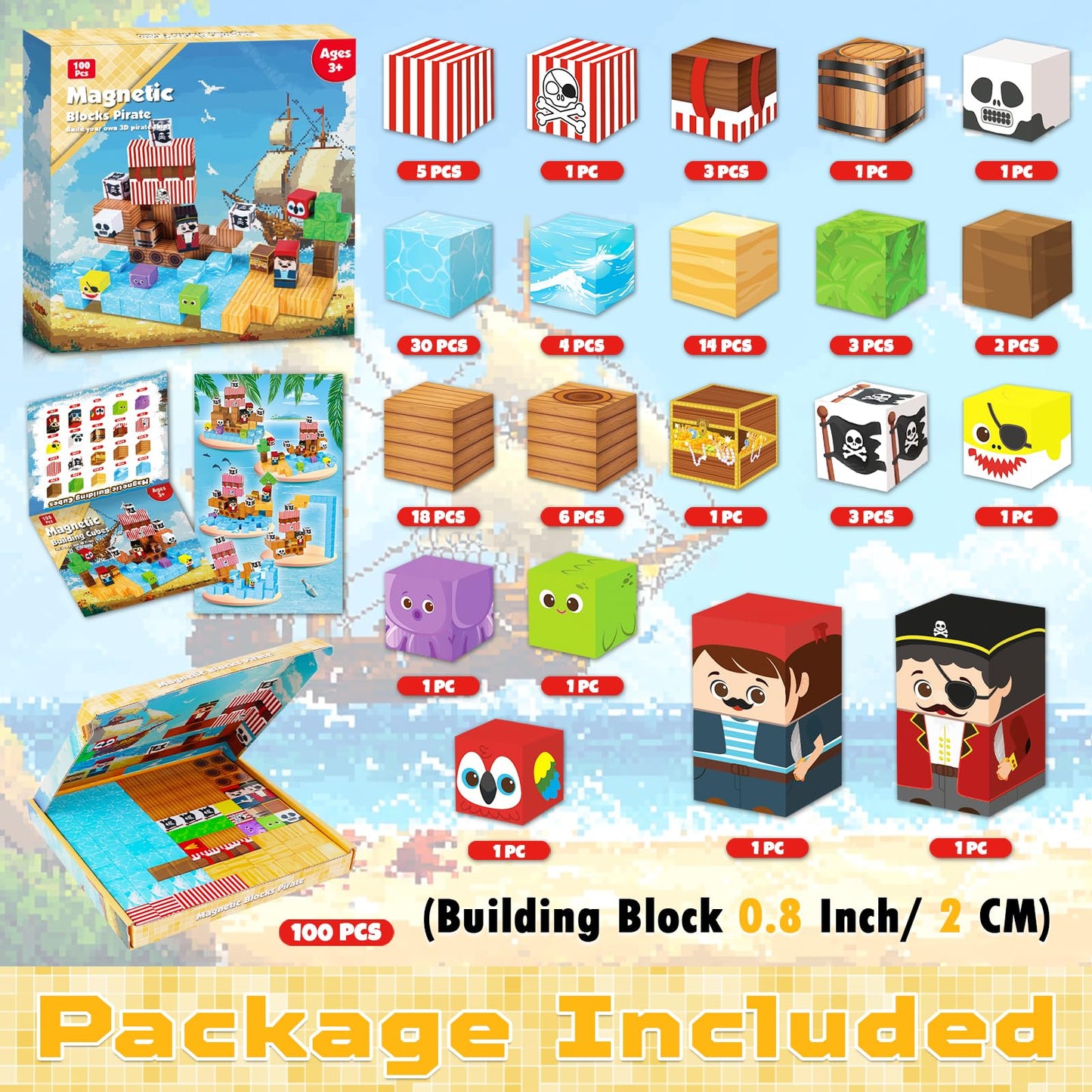 ToyUnited Magnetic Blocks 100PCS Pirate Ship World Set | STEM Building Toys for Kids 3-10