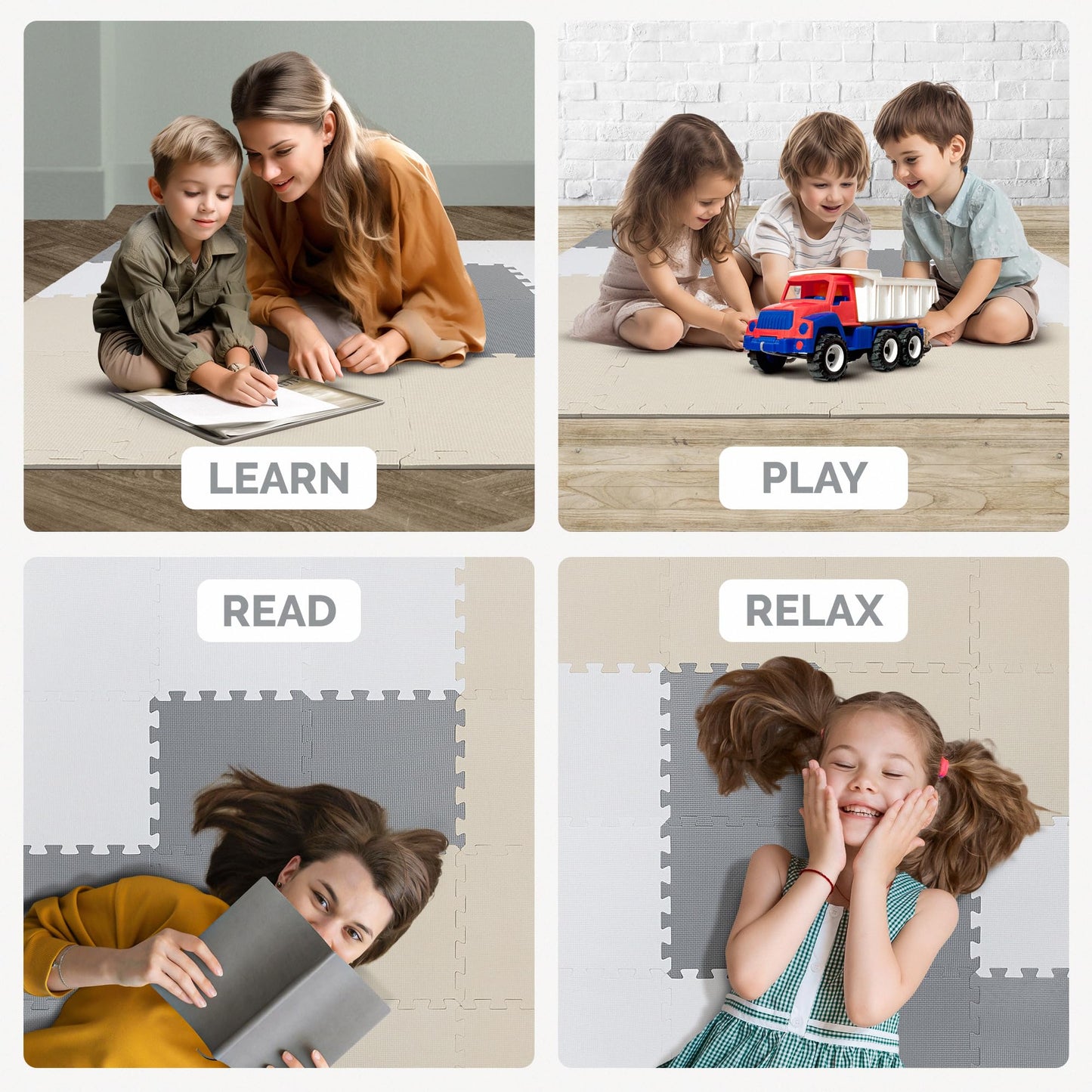 ToyVelt Foam Puzzle Floor Mat | 12x12 Interlocking Tiles for Kids – Non-Toxic Cream Gray Beige