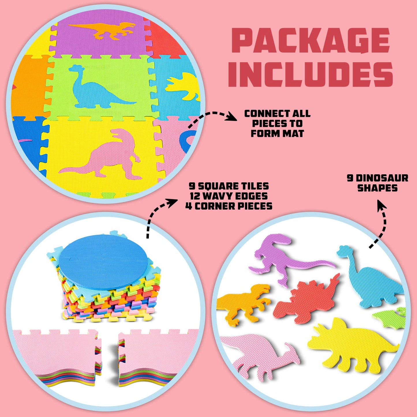 ToyVelt Foam Puzzle Floor Mat for Kids – 12x12 Interlocking Dinosaurs, 25 Tiles, Multicolor