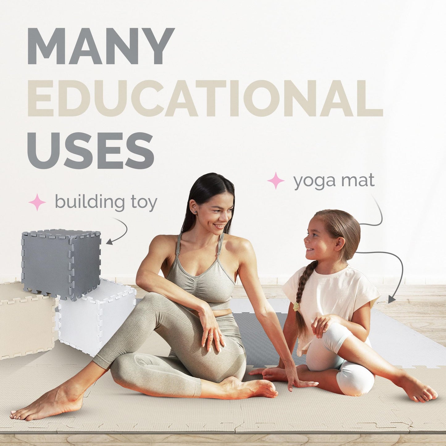 ToyVelt Foam Puzzle Floor Mat | 12x12 Interlocking Tiles for Kids – Non-Toxic Cream Gray Beige
