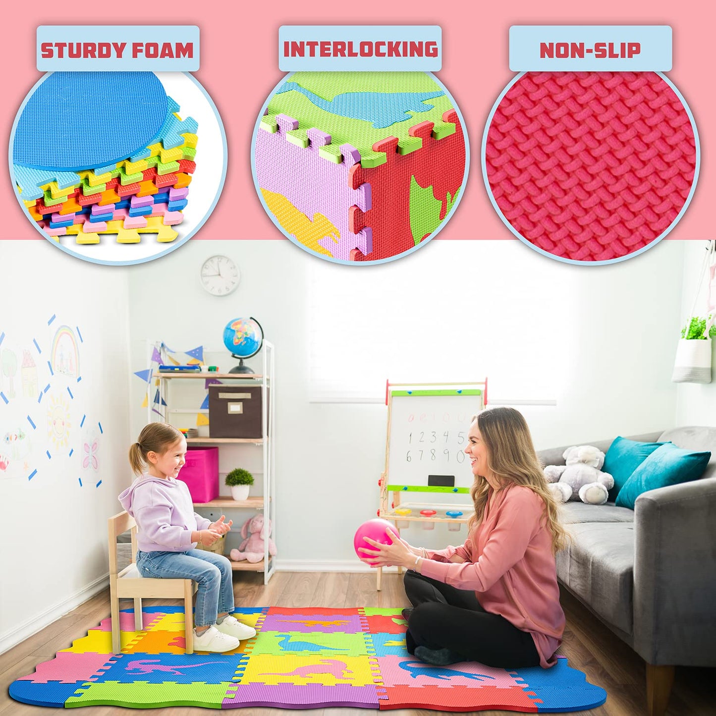 ToyVelt Foam Puzzle Floor Mat for Kids – 12x12 Interlocking Dinosaurs, 25 Tiles, Multicolor