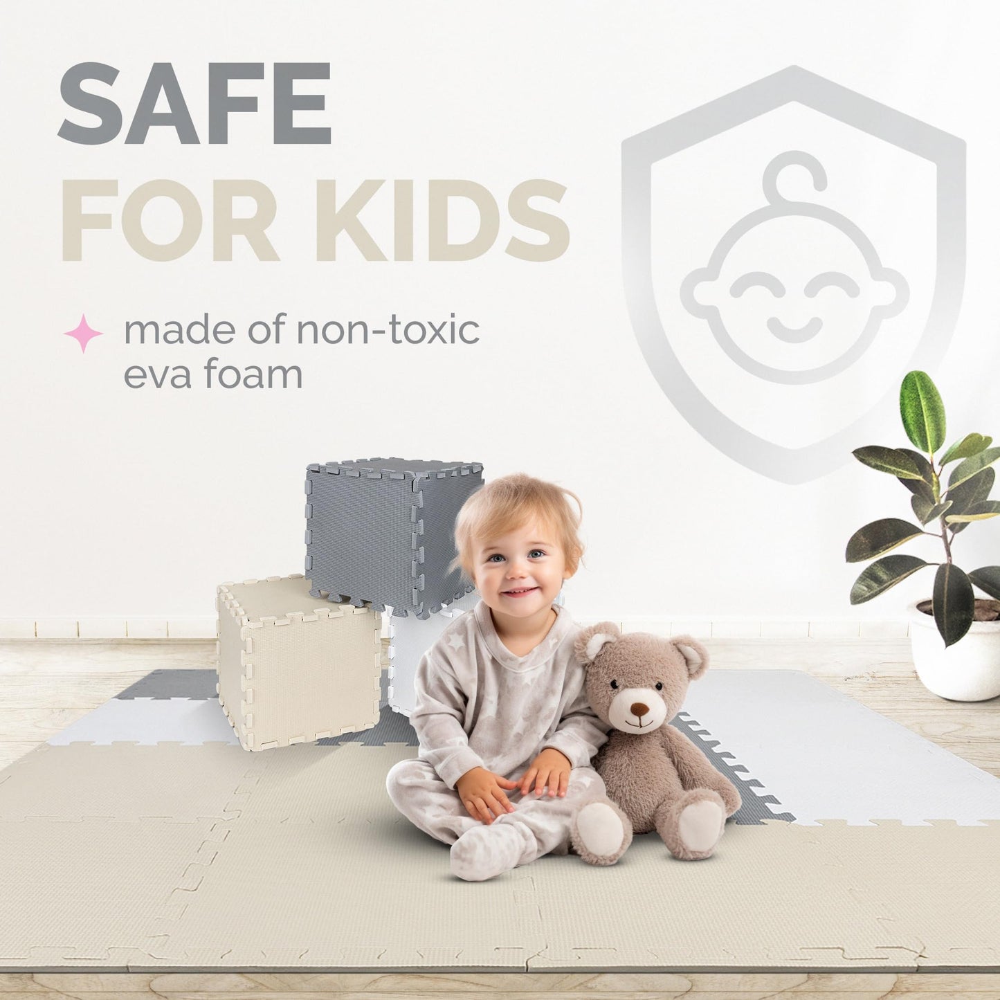 ToyVelt Foam Puzzle Floor Mat | 12x12 Interlocking Tiles for Kids – Non-Toxic Cream Gray Beige