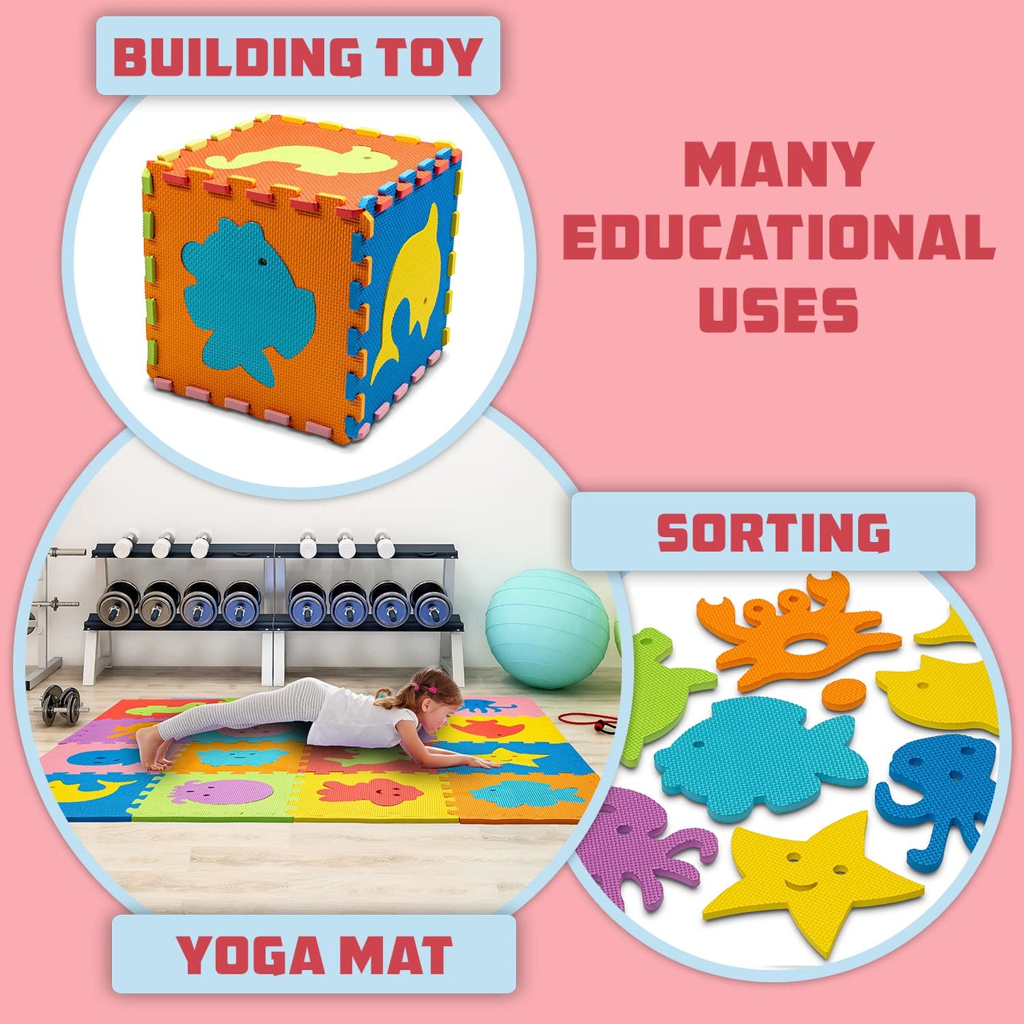 ToyVelt Foam Puzzle Floor Mat for Kids | 12x12 Interlocking Tiles, Alphabet ABC, Sea Animals