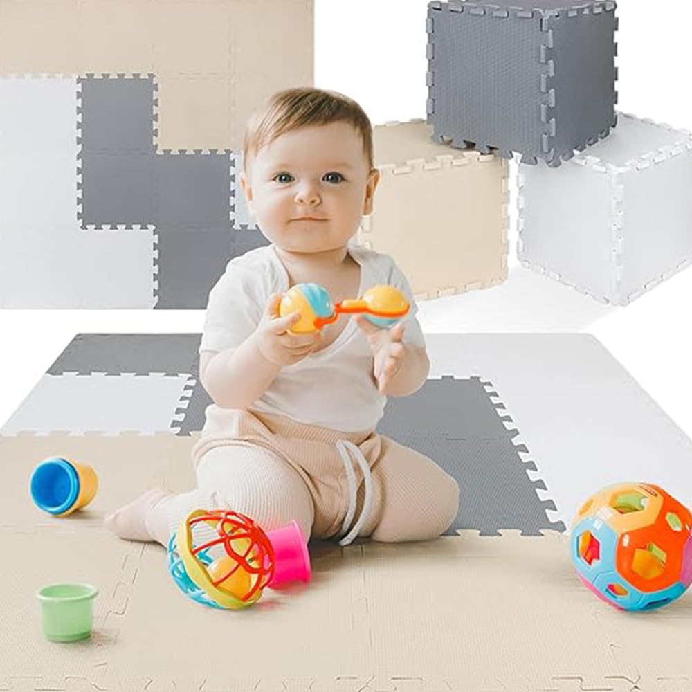 ToyVelt Foam Puzzle Floor Mat | 12x12 Interlocking Tiles for Kids – Non-Toxic Cream Gray Beige