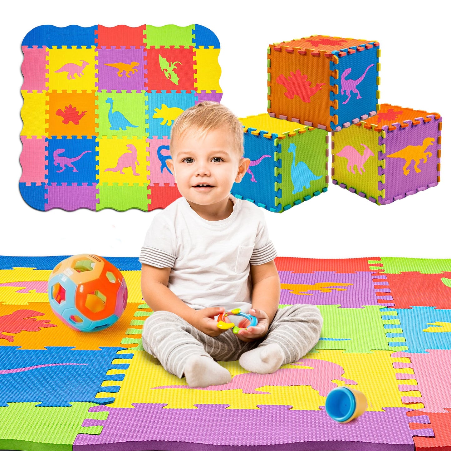 ToyVelt Foam Puzzle Floor Mat for Kids – 12x12 Interlocking Dinosaurs, 25 Tiles, Multicolor