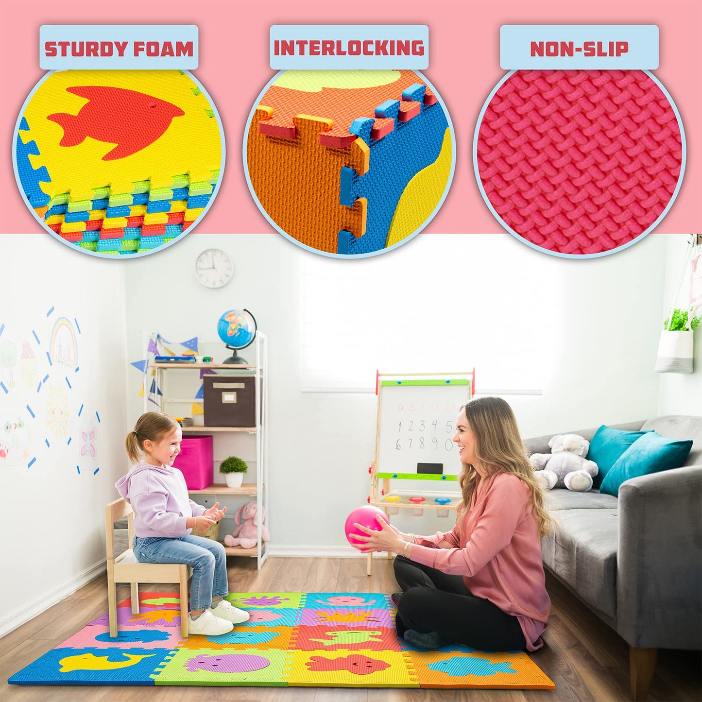 ToyVelt Foam Puzzle Floor Mat for Kids | 12x12 Interlocking Tiles, Alphabet ABC, Sea Animals