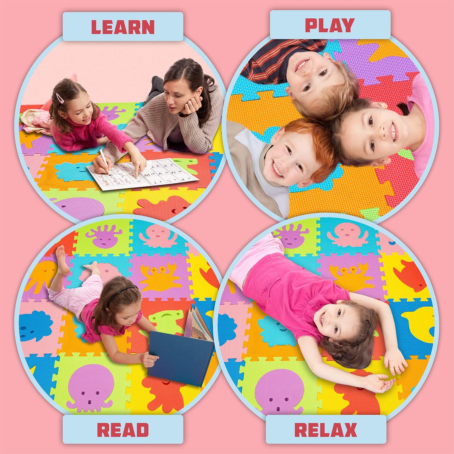 ToyVelt Foam Puzzle Floor Mat for Kids | 12x12 Interlocking Tiles, Alphabet ABC, Sea Animals
