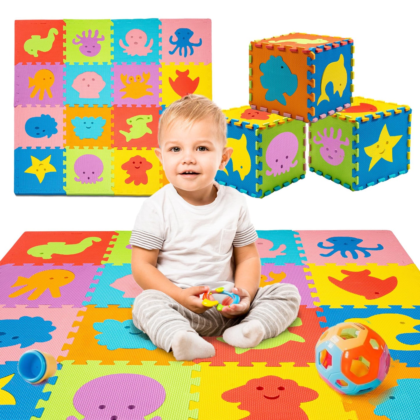 ToyVelt Foam Puzzle Floor Mat for Kids | 12x12 Interlocking Tiles, Alphabet ABC, Sea Animals
