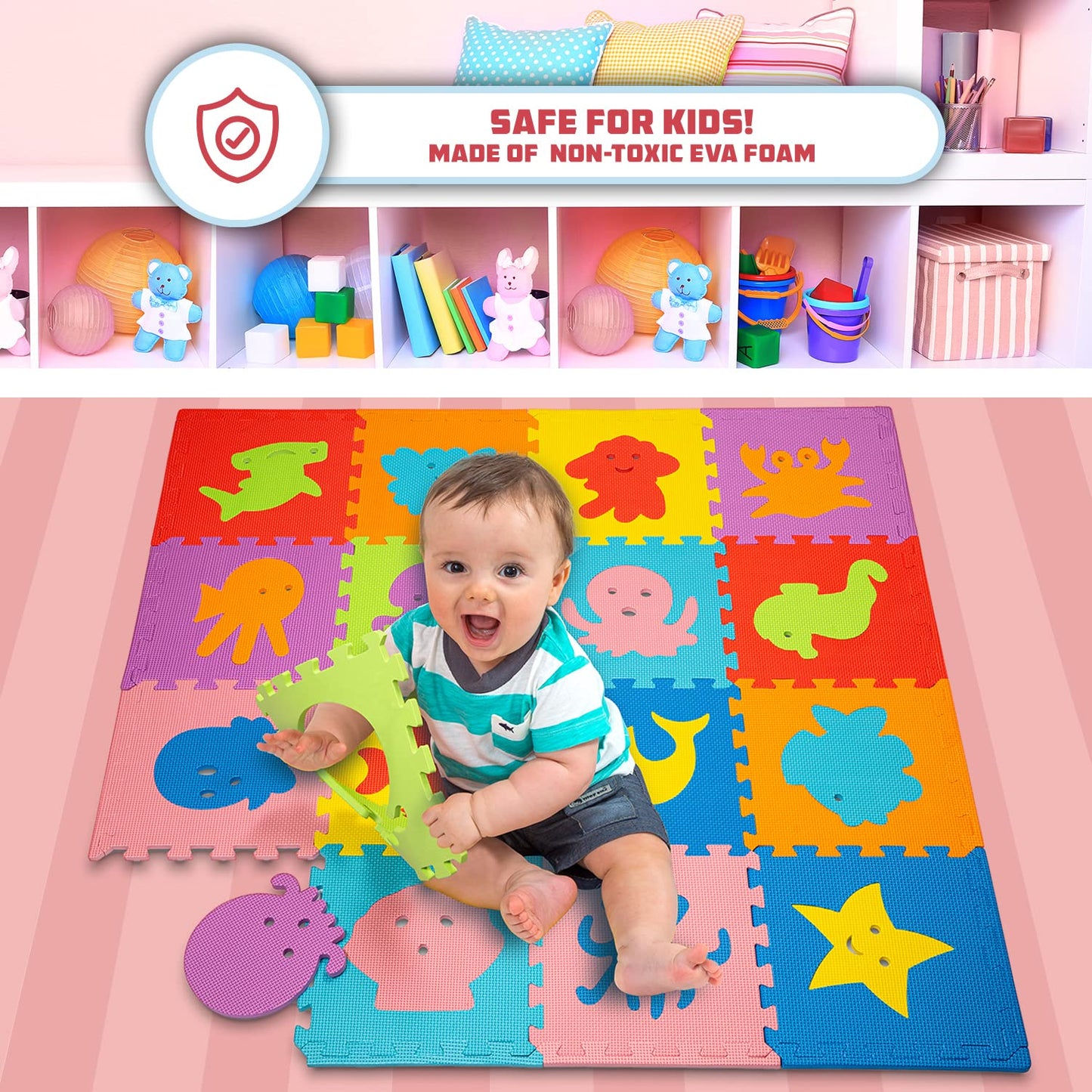 ToyVelt Foam Puzzle Floor Mat for Kids | 12x12 Interlocking Tiles, Alphabet ABC, Sea Animals