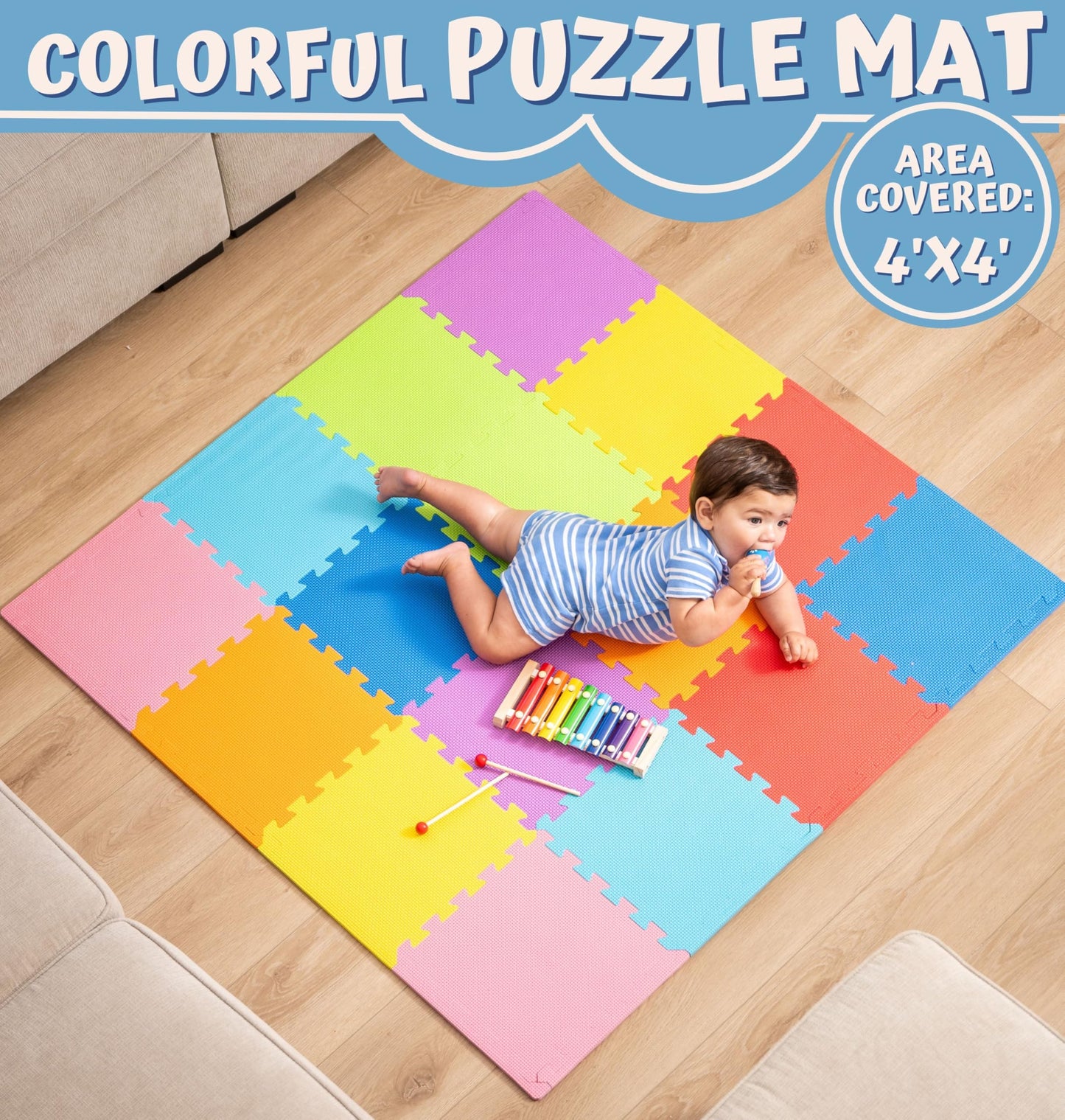 ToyVelt Foam Puzzle Floor Mat – 12x12 Interlocking Tiles with ABC & Colors