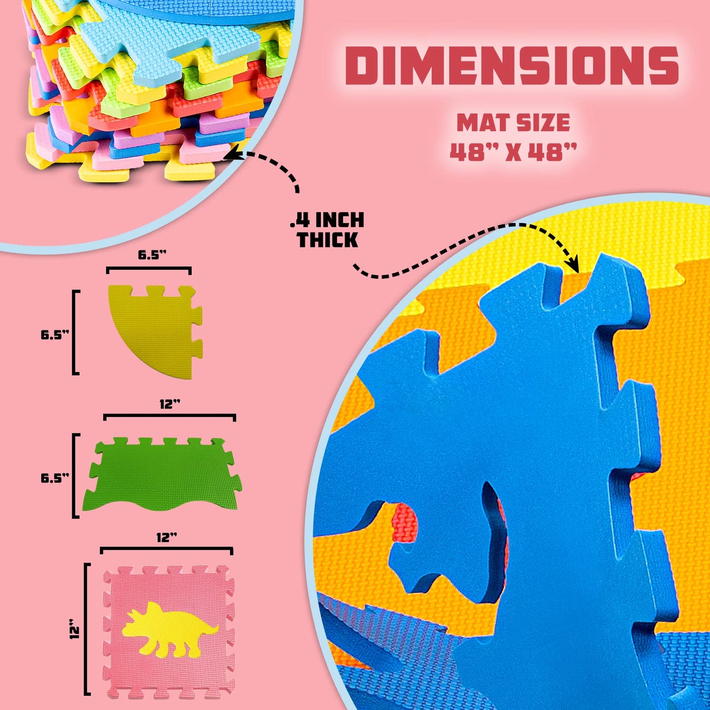ToyVelt Foam Puzzle Floor Mat for Kids – 12x12 Interlocking Dinosaurs, 25 Tiles, Multicolor