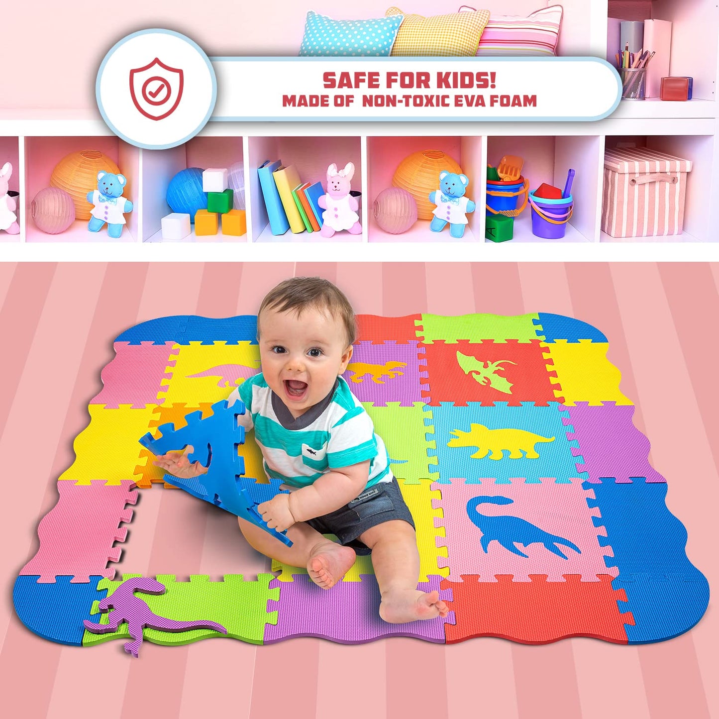 ToyVelt Foam Puzzle Floor Mat for Kids – 12x12 Interlocking Dinosaurs, 25 Tiles, Multicolor