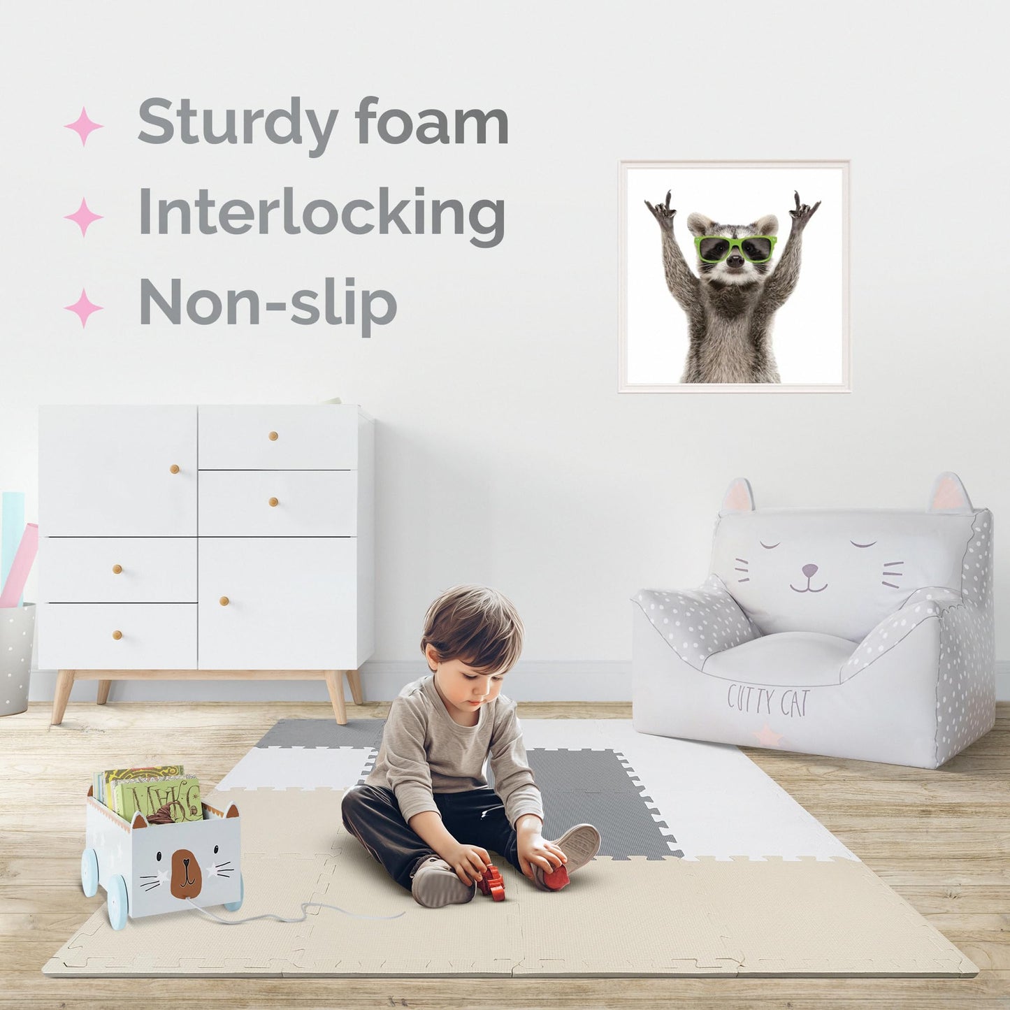 ToyVelt Foam Puzzle Floor Mat | 12x12 Interlocking Tiles for Kids – Non-Toxic Cream Gray Beige