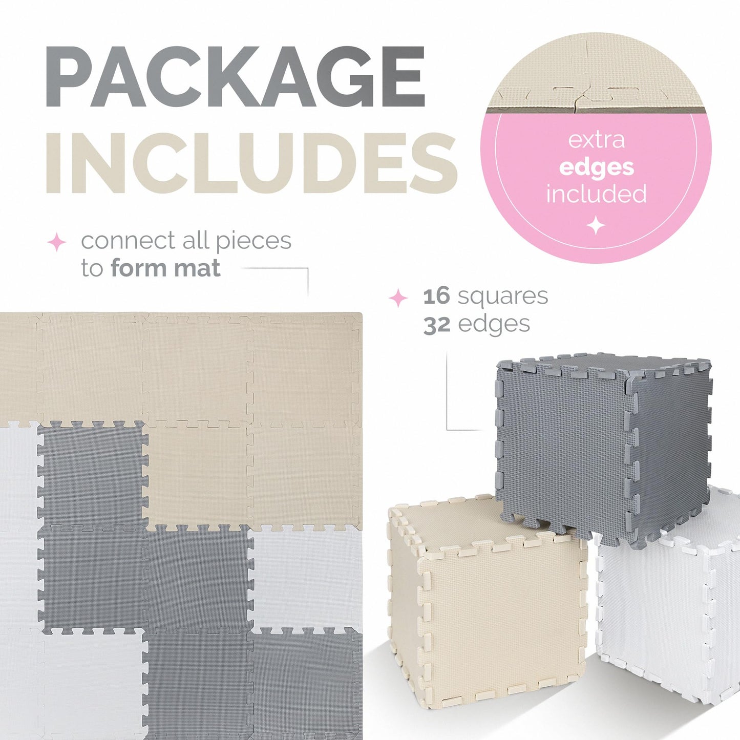 ToyVelt Foam Puzzle Floor Mat | 12x12 Interlocking Tiles for Kids – Non-Toxic Cream Gray Beige