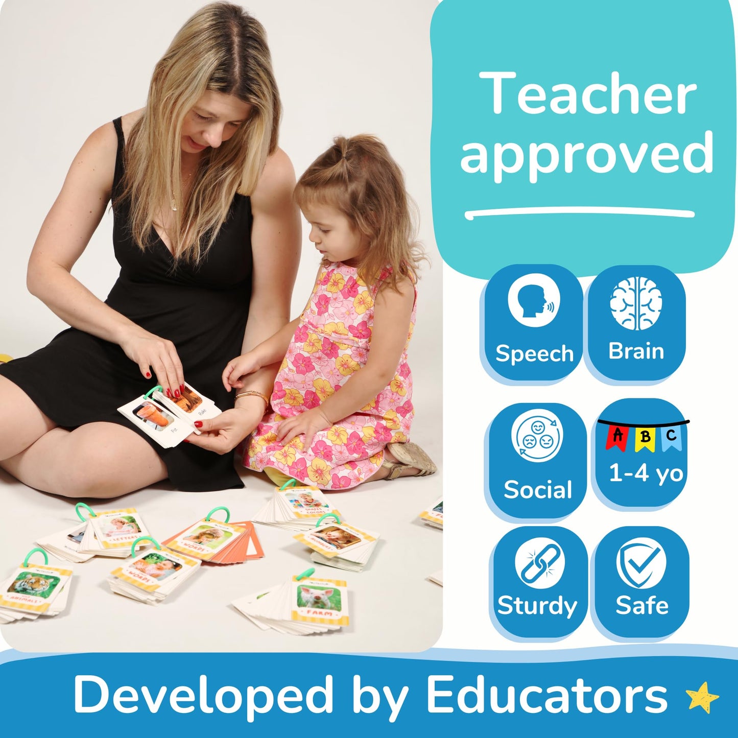 TOYVENTIVE Thick & Sturdy Flash Cards with Rings for Toddlers 1–3 – Montessori & Language Learning Toys